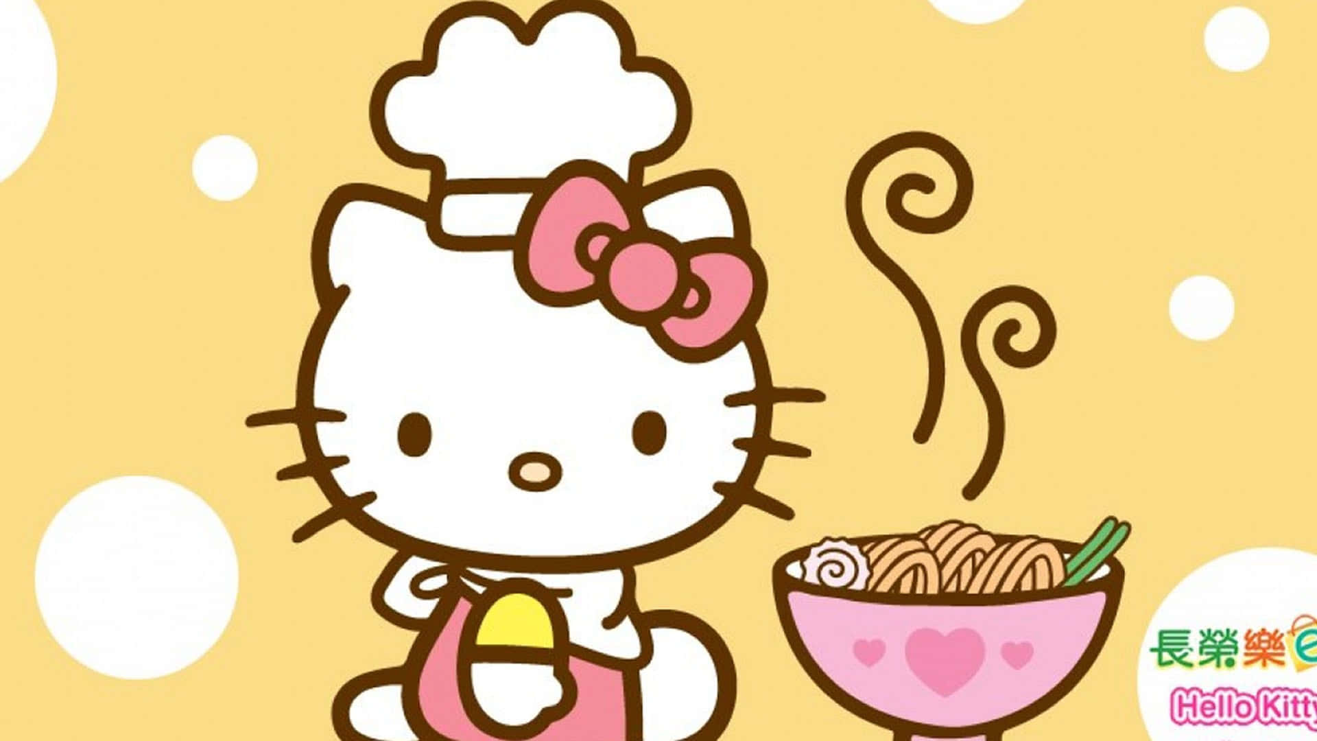 Hello Kitty 桌布 壁紙 — Hello Kitty 戴著廚師帽和圍裙，在黃色圓點背景前，捧著一碗冒著熱氣的麵條，上面有蔥花。