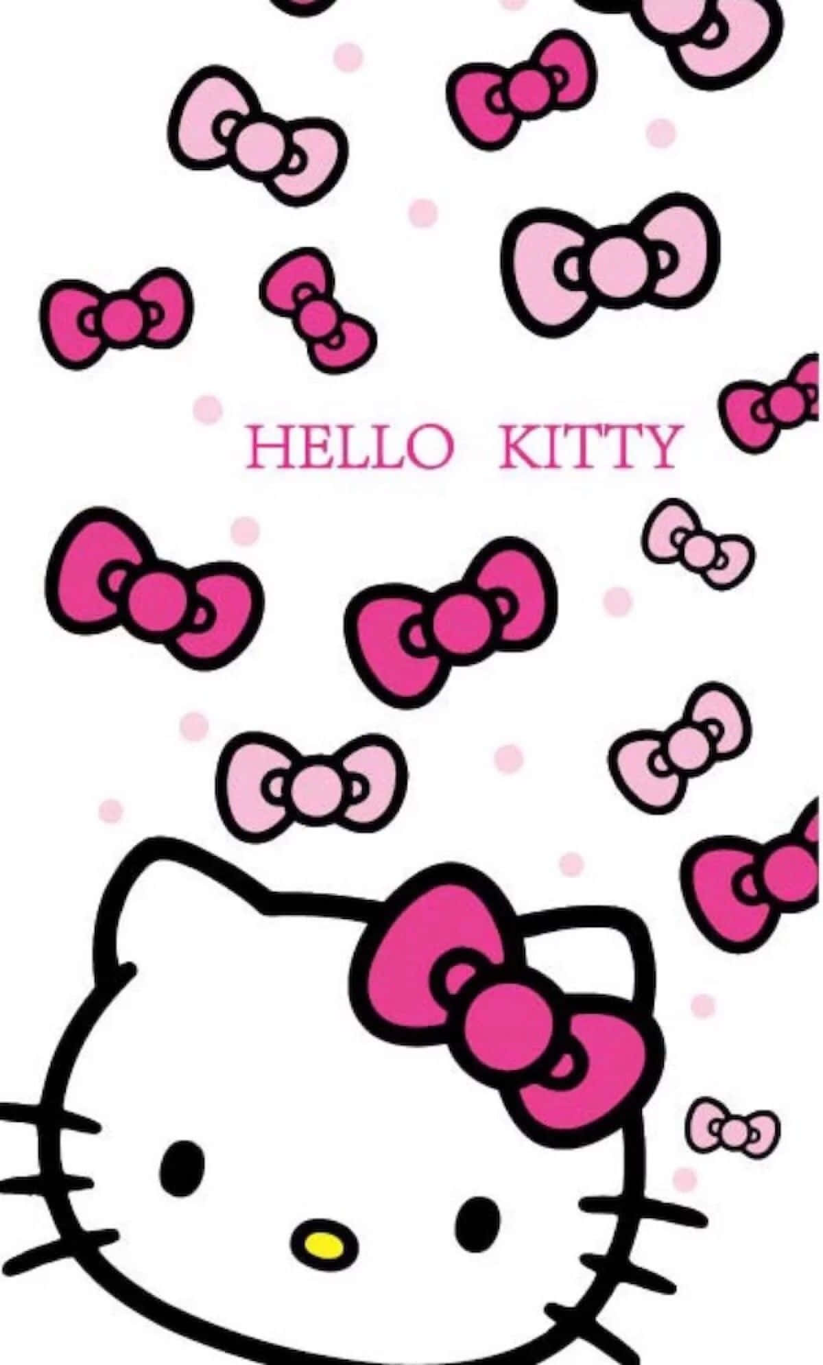桌布 壁紙 — Hello Kitty 戴著粉紅色蝴蝶結，漂浮在散落的蝴蝶結和粉紅色圓點之間，背景為白色。