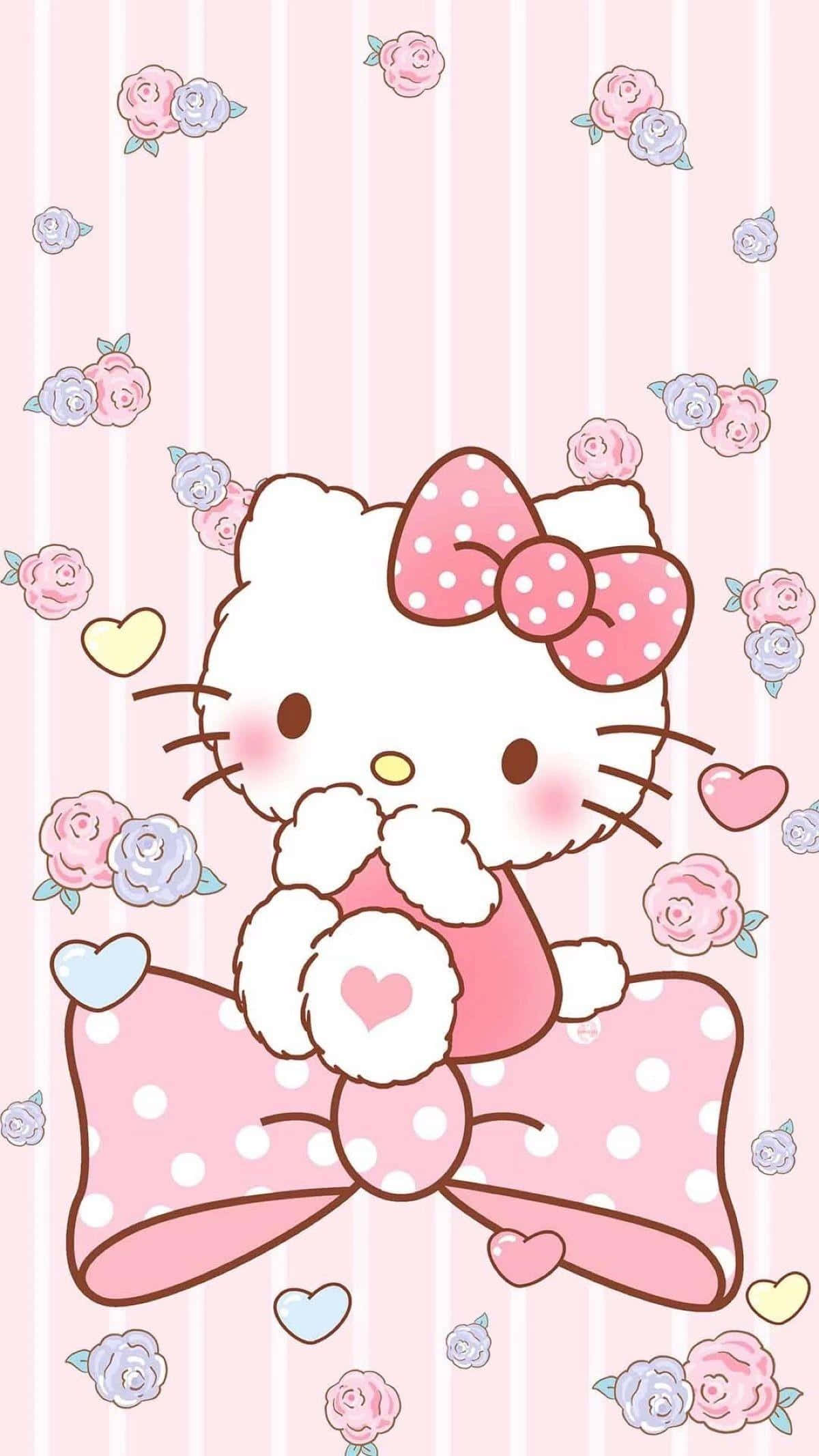 Kitty White 桌布 壁紙 — Hello Kitty 戴著粉紅色圓點蝴蝶結，在條紋背景上被玫瑰和愛心包圍，手持一個愛心。