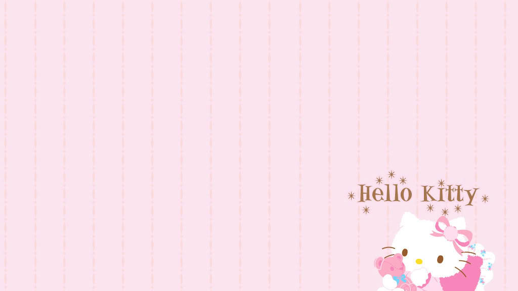 Hello 桌布 壁紙 — Hello Kitty 戴著粉紅色蝴蝶結，在帶有星星裝飾的柔和粉紅色條紋壁紙上抱著泰迪熊。
