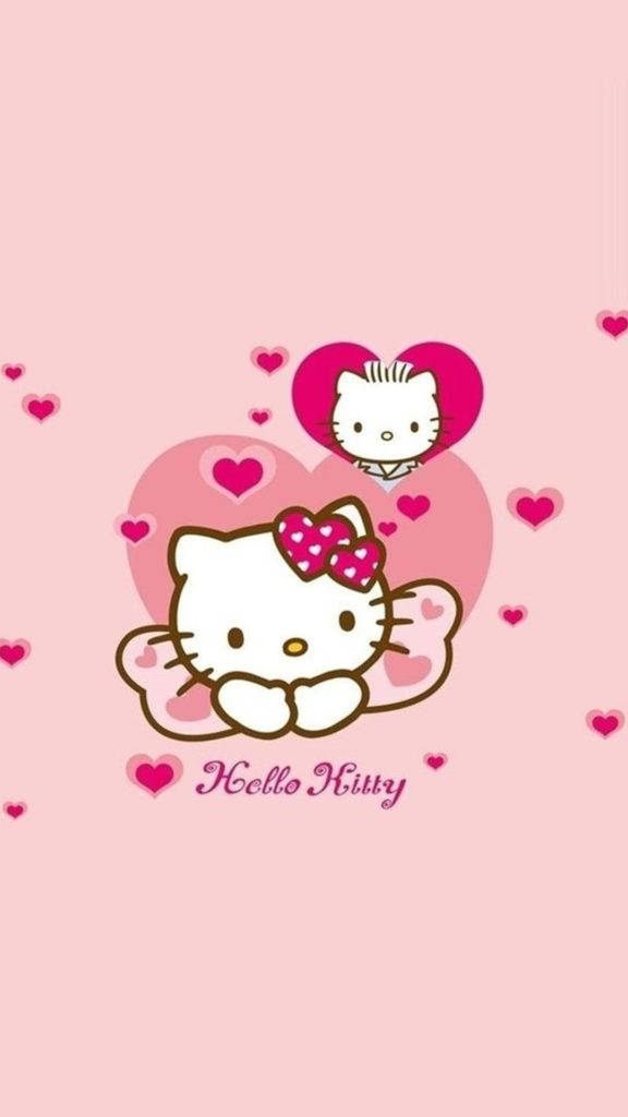 Samsung Galaxy Note 5 桌布 壁紙 — Hello Kitty 戴著粉紅色蝴蝶結和天使翅膀，坐在柔和的粉紅色背景上漂浮的心形之間。