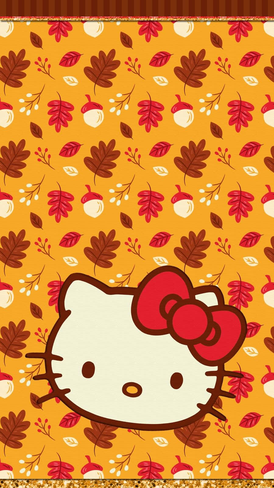 Hello Kitty Thanksgiving 桌布 壁紙 — Hello Kitty 戴著紅色蝴蝶結，在溫暖橙色背景上的秋葉和橡果圖案中探出頭來。