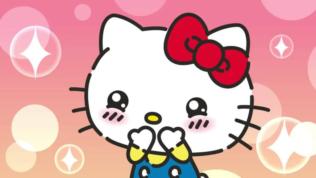 Hello 桌布 壁紙 — Hello Kitty 戴著紅色蝴蝶結甜美微笑，閃亮泡泡在她周圍飄浮，背景為粉彩粉紅色漸層。