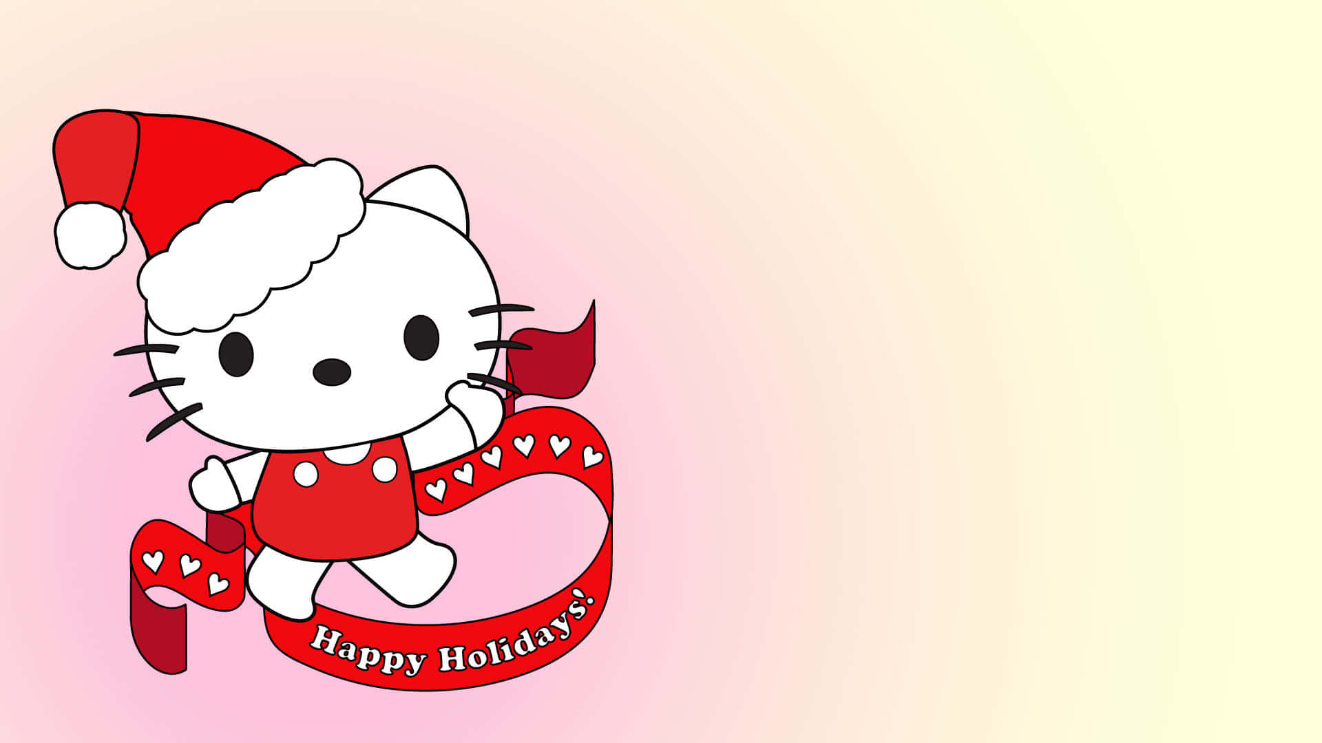 Hello Kitty 桌布 壁紙 — Hello Kitty 戴著紅色聖誕帽和穿著紅色裙子，在柔和的粉紅和黃色漸變背景前，拿著一條寫有「節日快樂！」的節日絲帶。