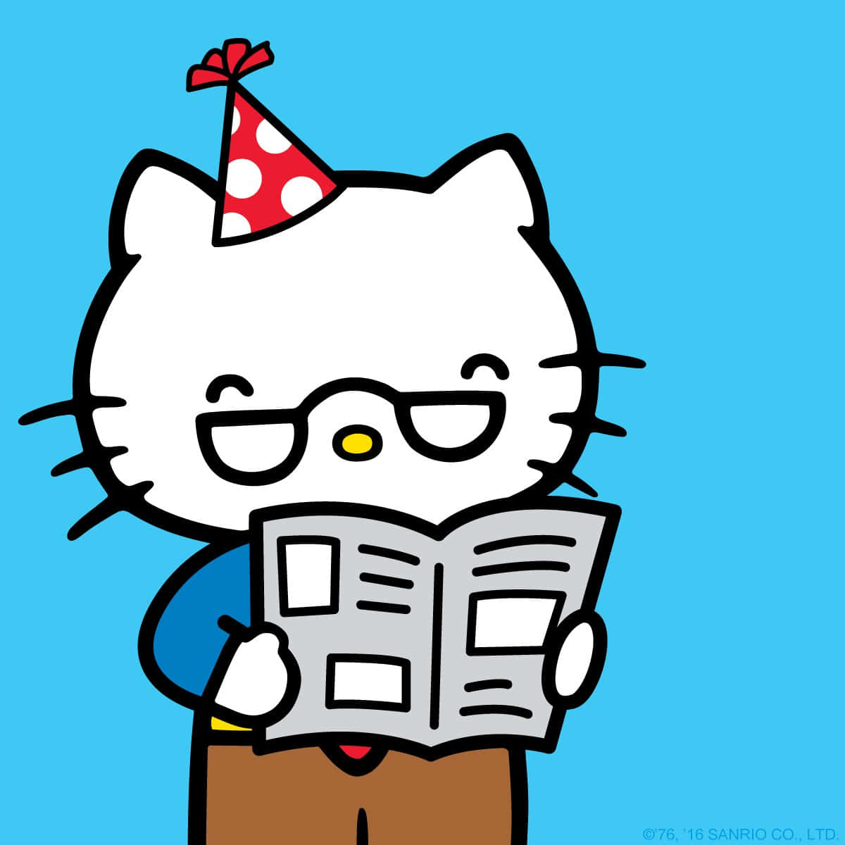 George White 桌布 壁紙 — Hello Kitty 戴著紅色圓點派對帽和眼鏡，在純藍色背景前閱讀報紙。
