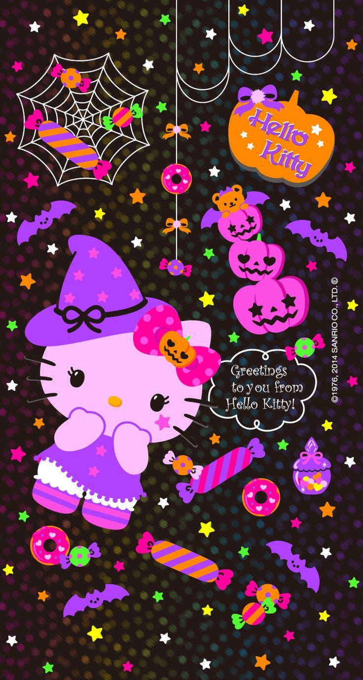 Kawaii Halloween 桌布 壁紙 — Hello Kitty 戴著紫色巫婆帽，被糖果蝙蝠、南瓜和星星包圍，背景是深色圓點圖案。