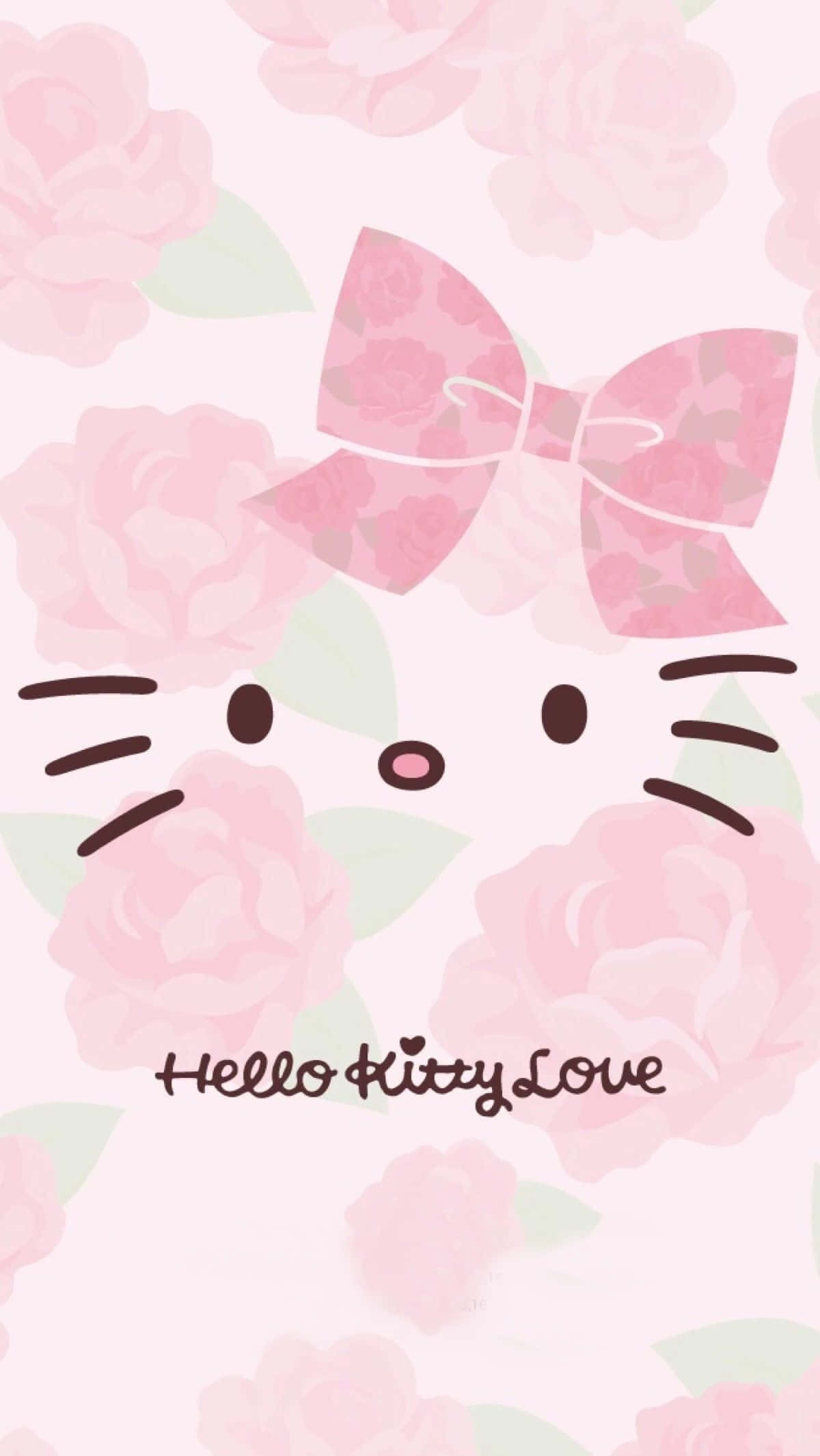 Flowers 桌布 壁紙 — Hello Kitty 戴著花卉蝴蝶結，被柔和的粉紅玫瑰環繞在粉彩背景上。