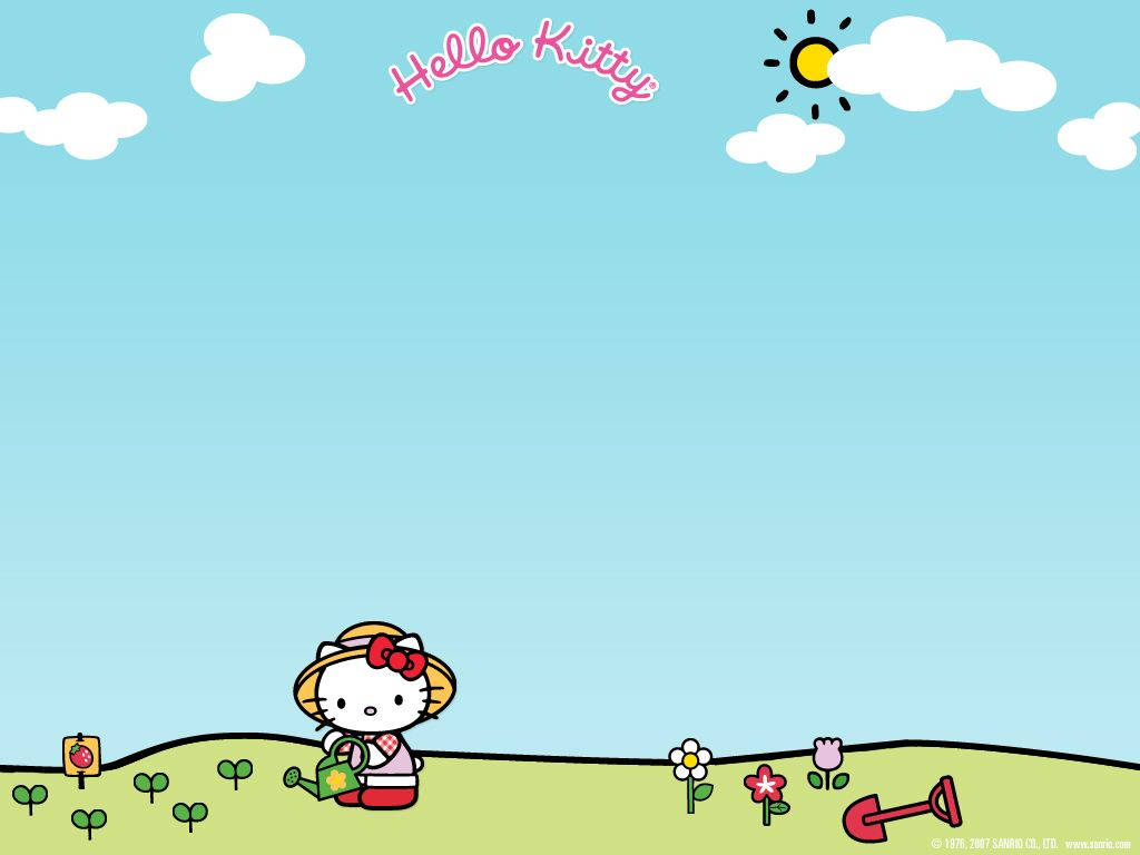 sanrio 桌布 壁紙 — Hello Kitty 戴著草帽在陽光明媚的藍天白雲下澆花。