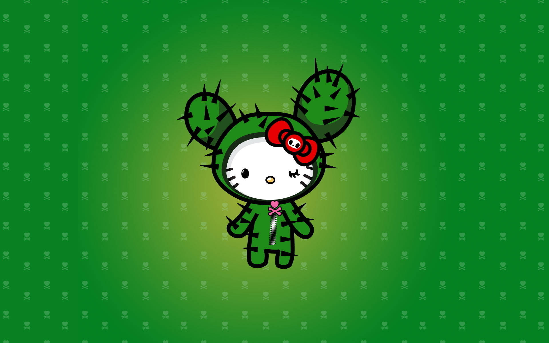 Hello 桌布 壁紙 — Hello Kitty 打扮成仙人掌，帶有刺和紅色蝴蝶結，站在帶有微妙心形圖案的綠色漸變背景前。
