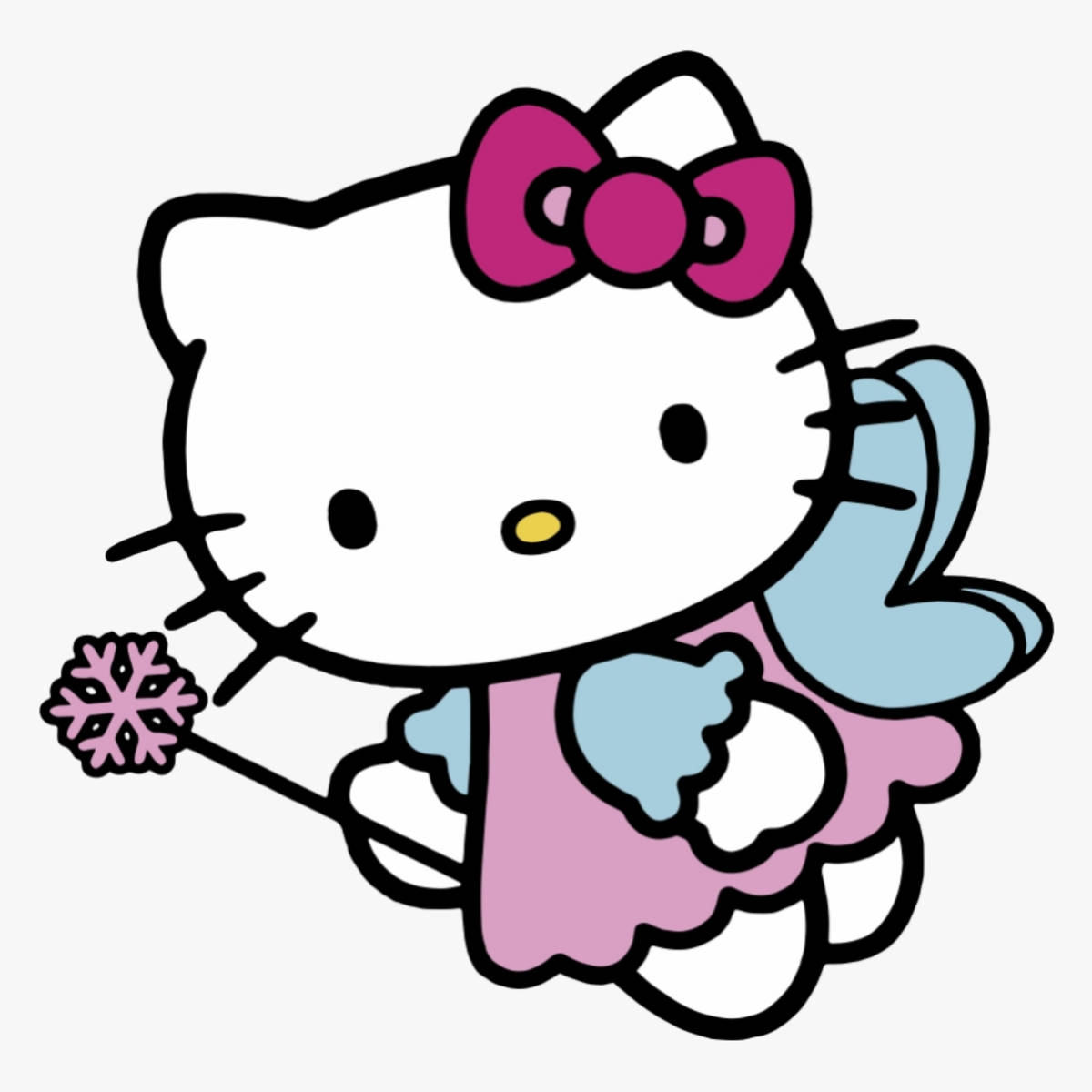 Hello 桌布 壁紙 — Hello Kitty 打扮成冬季仙子，在純色背景前手持粉紅色雪花魔杖。