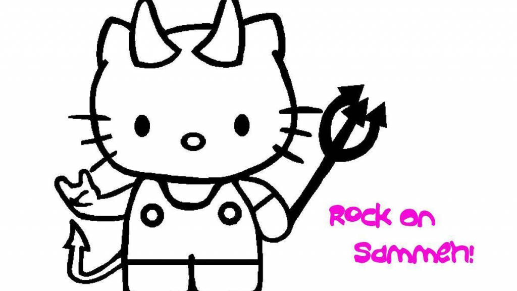 Hello Kitty Halloween 桌布 壁紙 — Hello Kitty 打扮成惡魔，手持三叉戟，並有粉紅色文字寫著 Rock on Sammen! 的黑白線條畫。