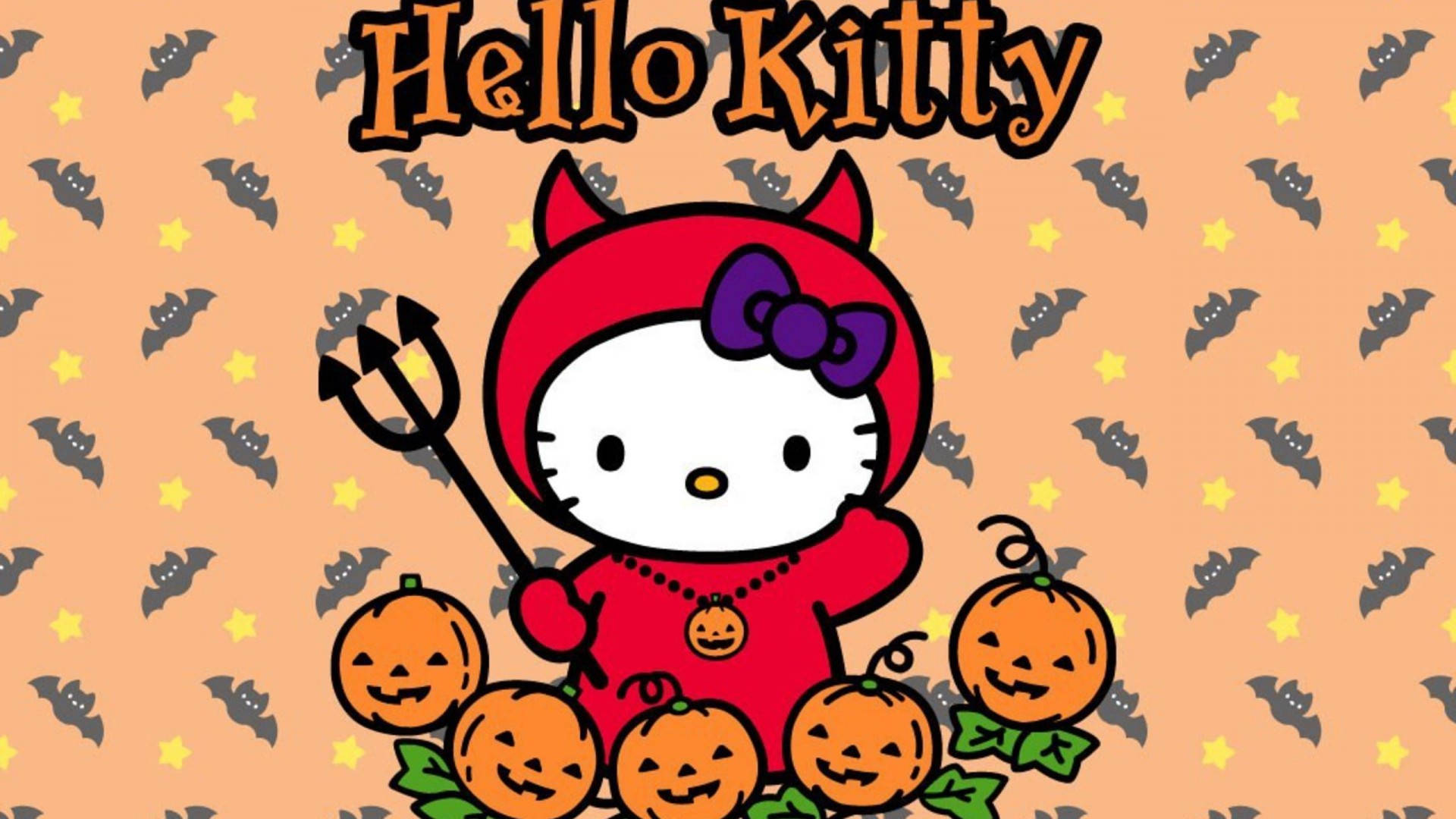 Hello Kitty Halloween 桌布 壁紙 — Hello Kitty 打扮成魔鬼，手持乾草叉，被微笑的南瓜包圍，背景是蝙蝠和星星圖案。