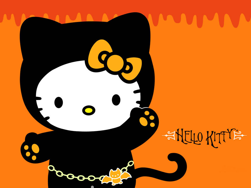 Hello Kitty Halloween 桌布 壁紙 — Hello Kitty 打扮成黑貓，帶有橙色蝴蝶結和蝙蝠吊飾，背景為滴落的橙色。