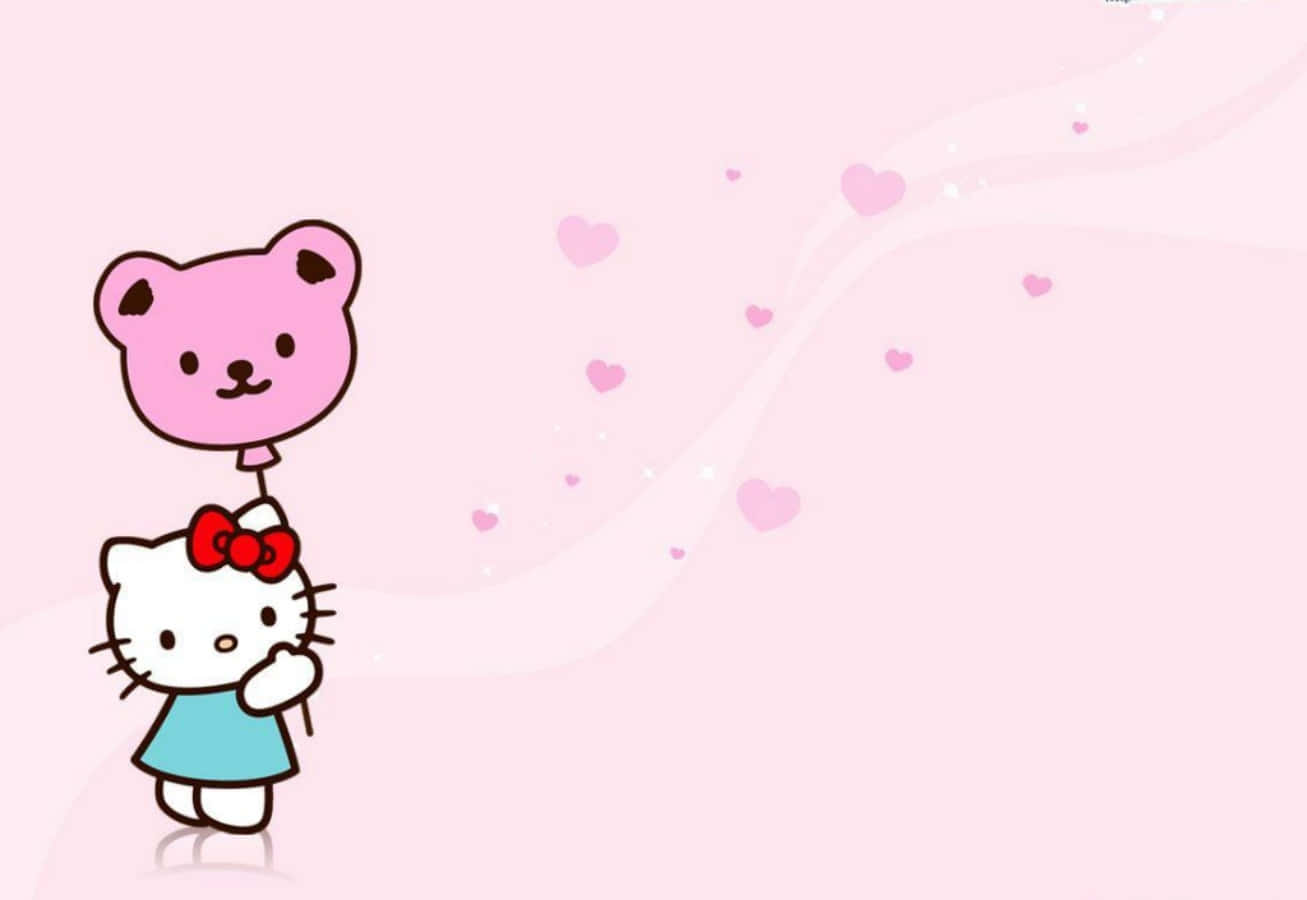 愛心 桌布 壁紙 — Hello Kitty 拿著一個粉紅色熊氣球，愛心在柔和的粉紅色背景中漂浮。