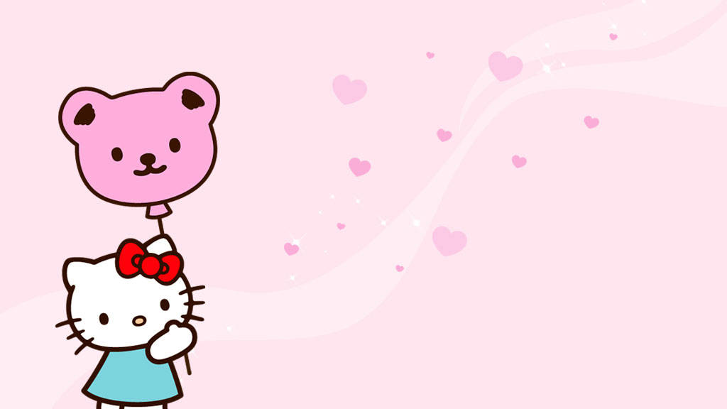 Hello 桌布 壁紙 — Hello Kitty 拿著一個粉紅色泰迪熊氣球，愛心在柔和的粉紅色背景中飄浮。