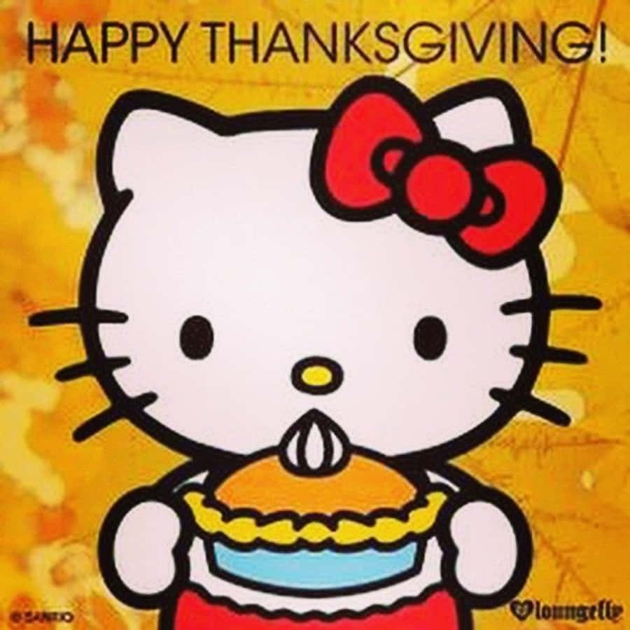 Hello Kitty Thanksgiving 桌布 壁紙 — Hello Kitty 拿著感恩節派，背景是溫暖的秋葉和節日文字。