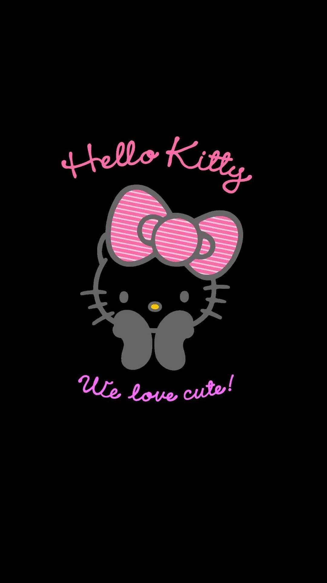 Kitty 桌布 壁紙 — Hello Kitty 標誌，黑色背景上有粉紅色條紋蝴蝶結，並附有文字 we love cute