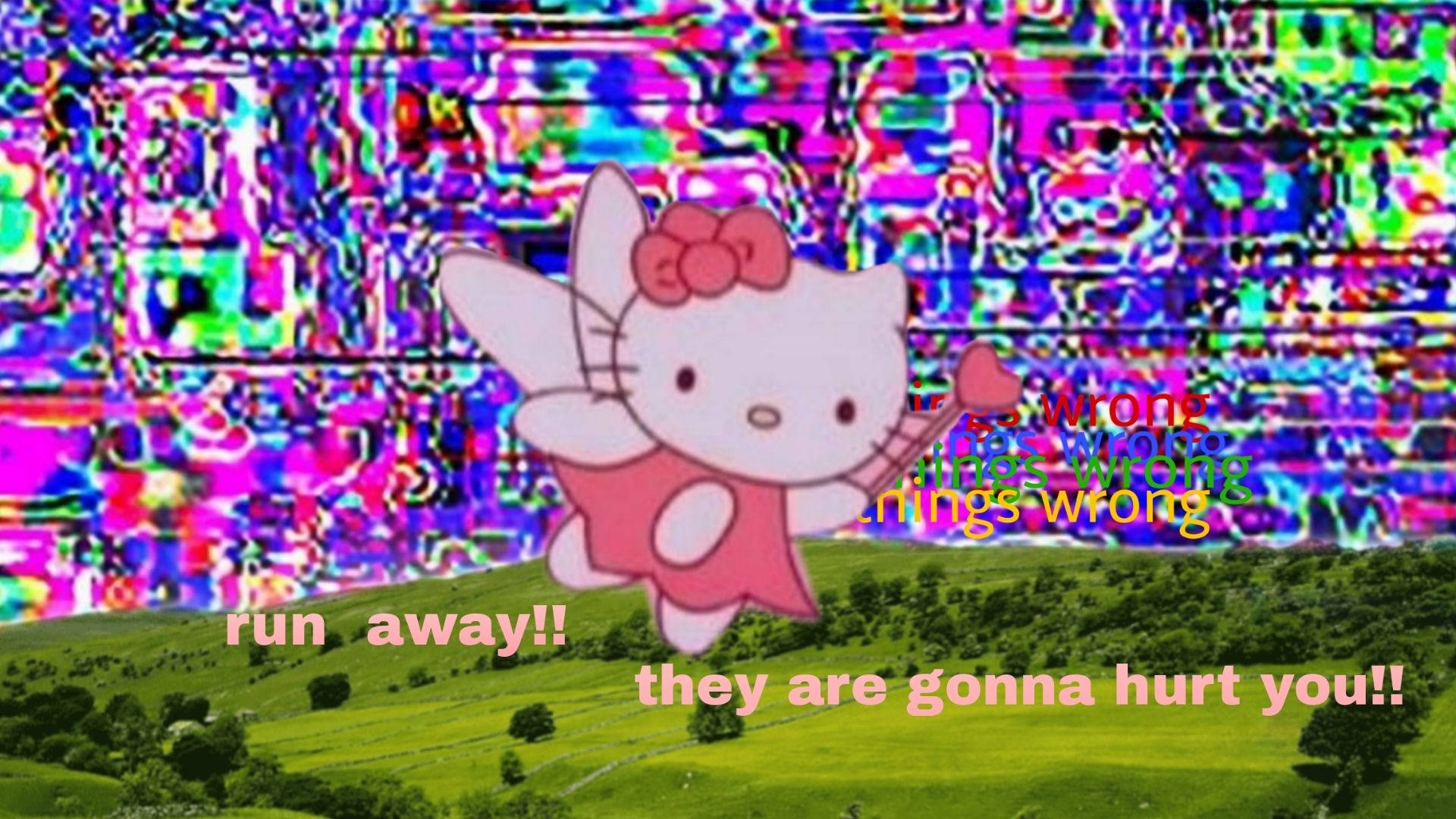 夢核 桌布 壁紙 — Hello Kitty 漂浮在帶有故障效果的彩虹田野上，並帶有不祥的文字警告。