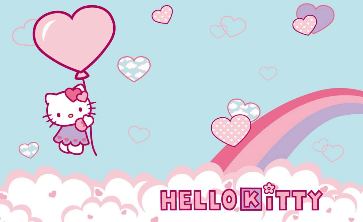雲朵 桌布 壁紙 — Hello Kitty 漂浮在粉紅色氣球上，位於蓬鬆的雲朵之上，伴隨著彩虹和散落的心形圖案，背景是柔和的藍天。