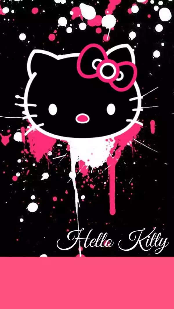 Emo Hello Kitty 桌布 壁紙 — Hello Kitty 白色輪廓臉龐，配上粉紅色蝴蝶結，背景為黑色，並濺上粉紅色和白色油漆。
