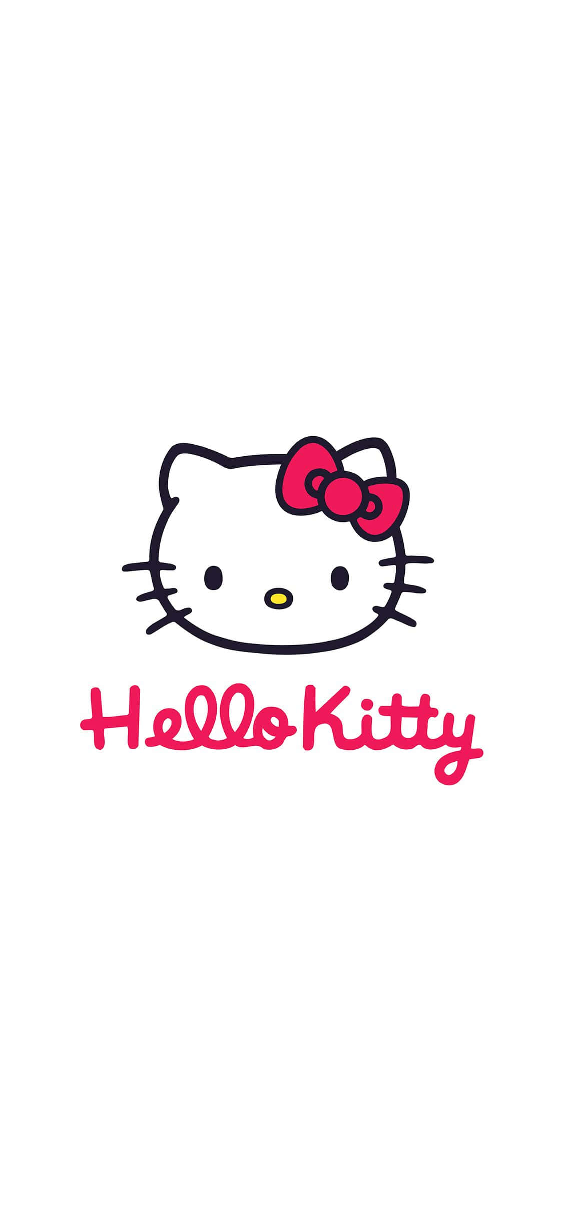 iPhone White 桌布 壁紙 — Hello Kitty 的極簡插圖，帶有紅色蝴蝶結和粉紅色名字文字，背景為白色。