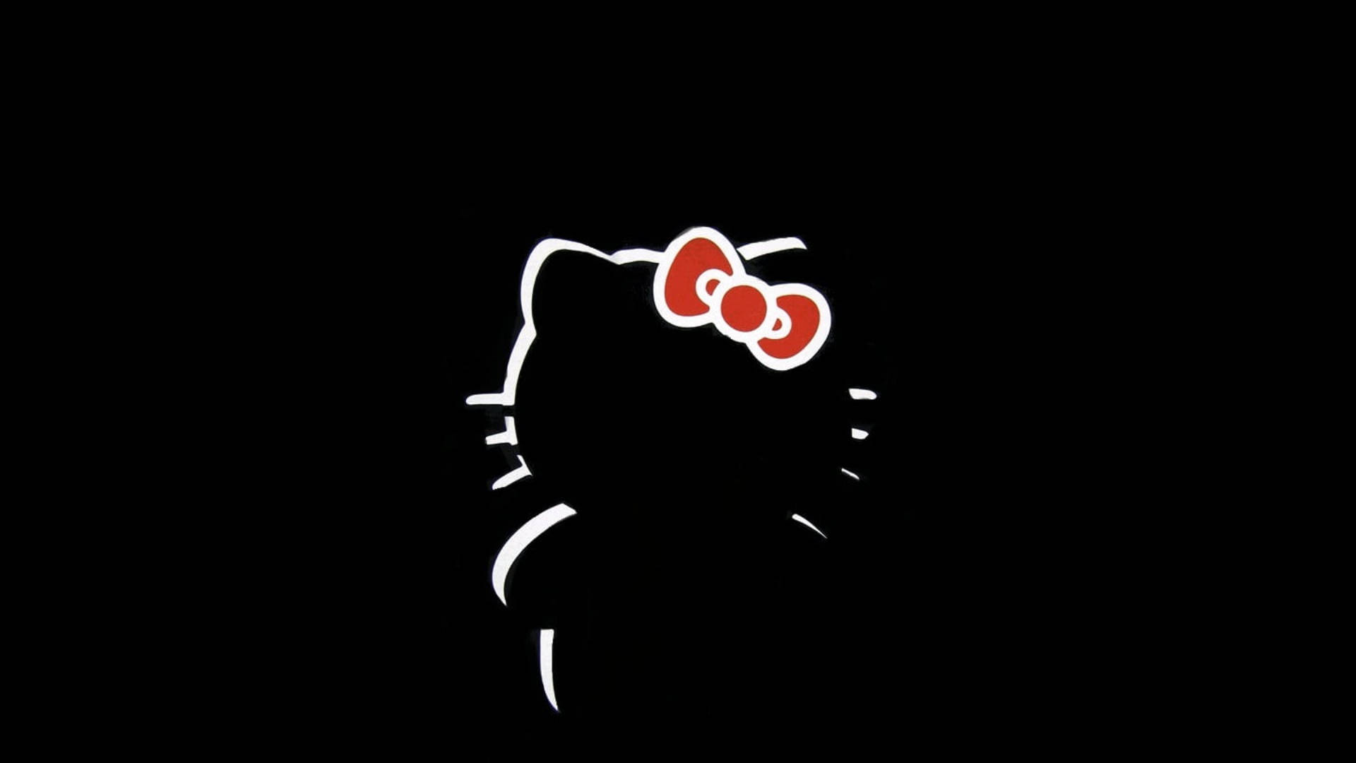 Kitty 桌布 壁紙 — Hello Kitty 的簡約白色輪廓，配上紅色蝴蝶結，在純黑色背景上格外突出。
