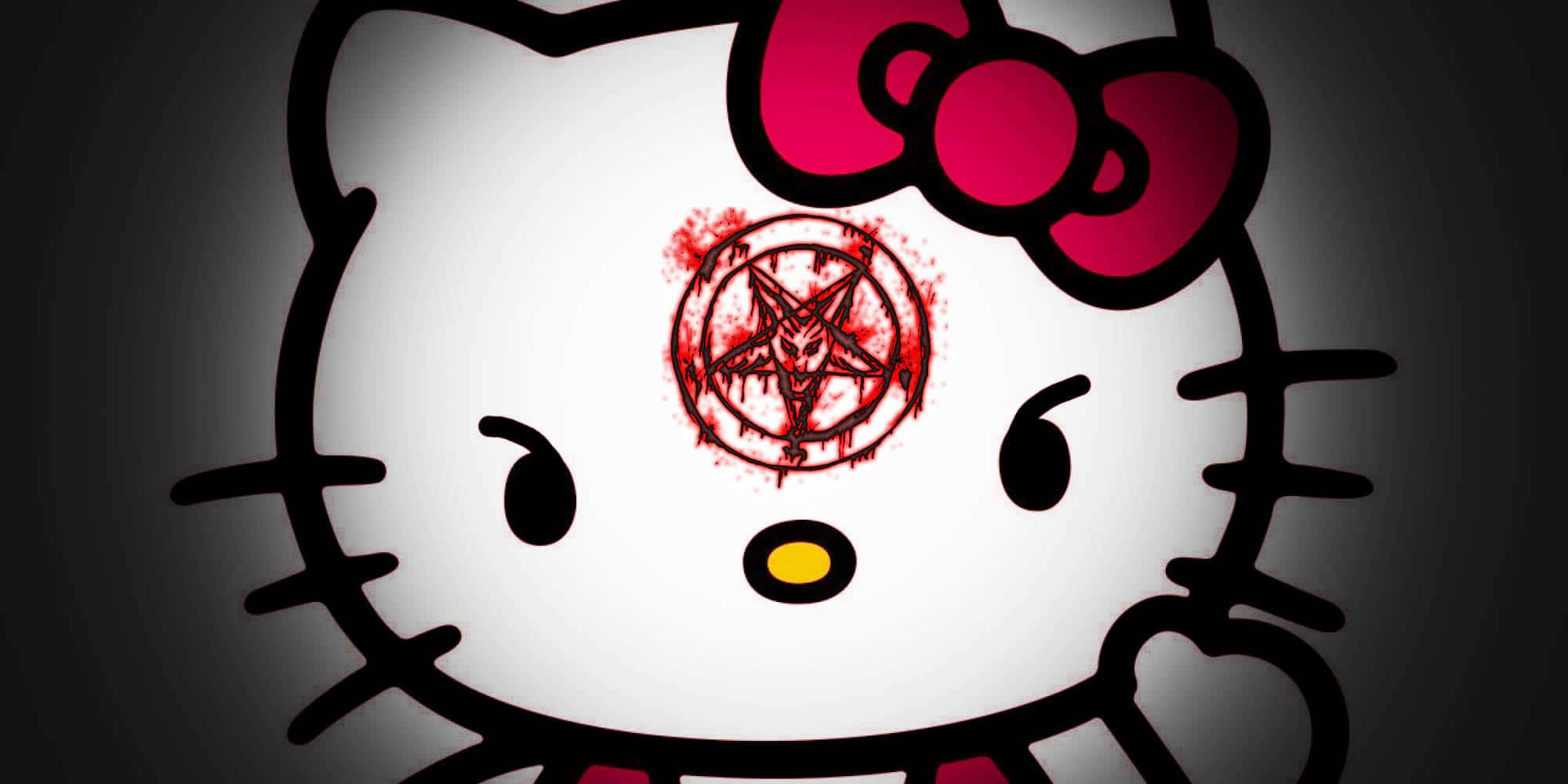 Hello Kitty Halloween 桌布 壁紙 — Hello Kitty 的臉上有一個血淋淋的倒轉五角星紋身在她的額頭上，背景是深色漸變。