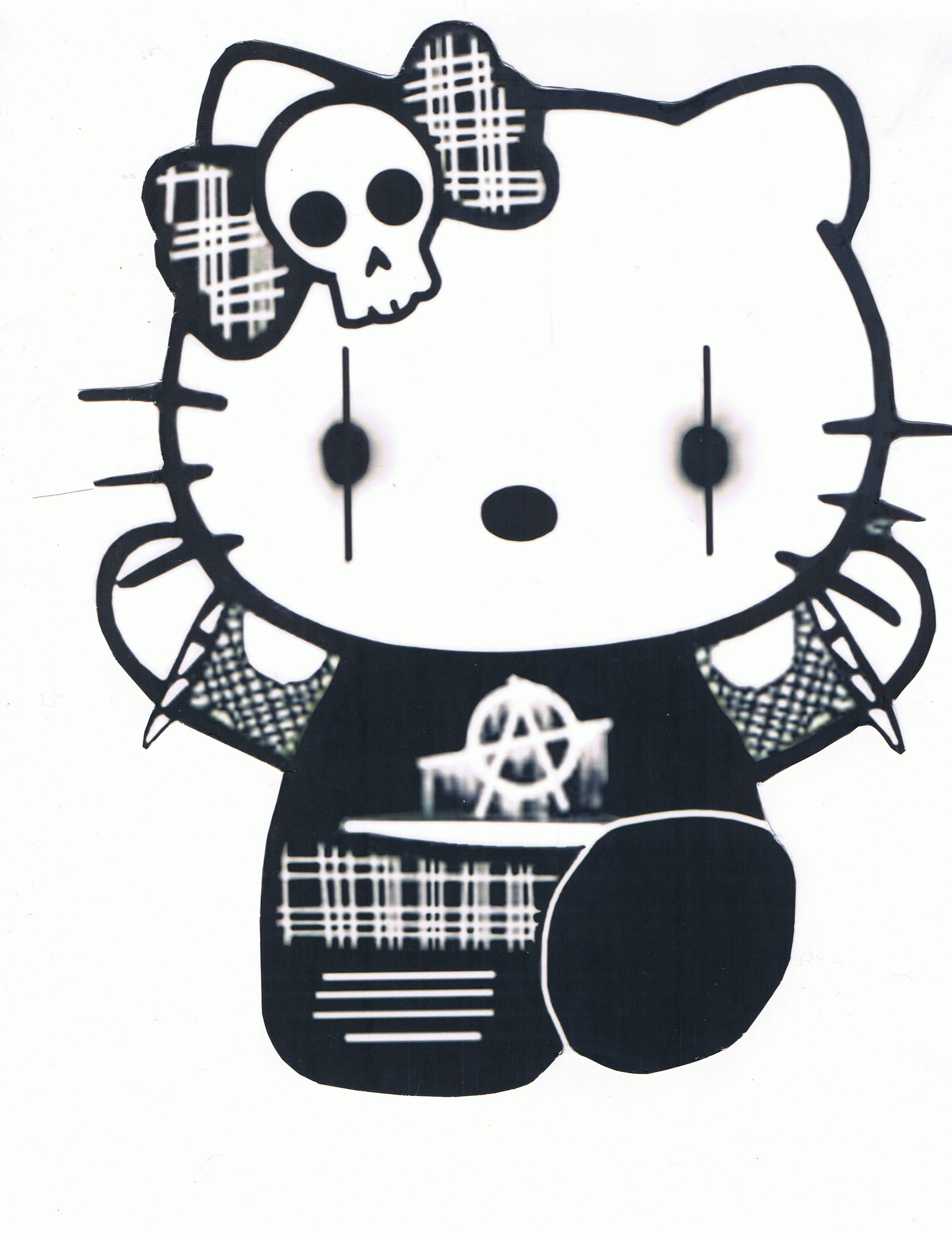 Goth 桌布 壁紙 — Hello Kitty 的鮮明黑白模板，帶有骷髏蝴蝶結和無政府主義符號襯衫。