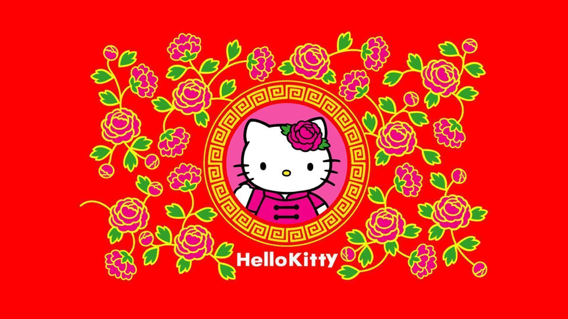 Hello Kitty Thanksgiving 桌布 壁紙 — Hello Kitty 穿著傳統粉紅色服裝，被花卉藤蔓環繞在鮮紅色背景上。