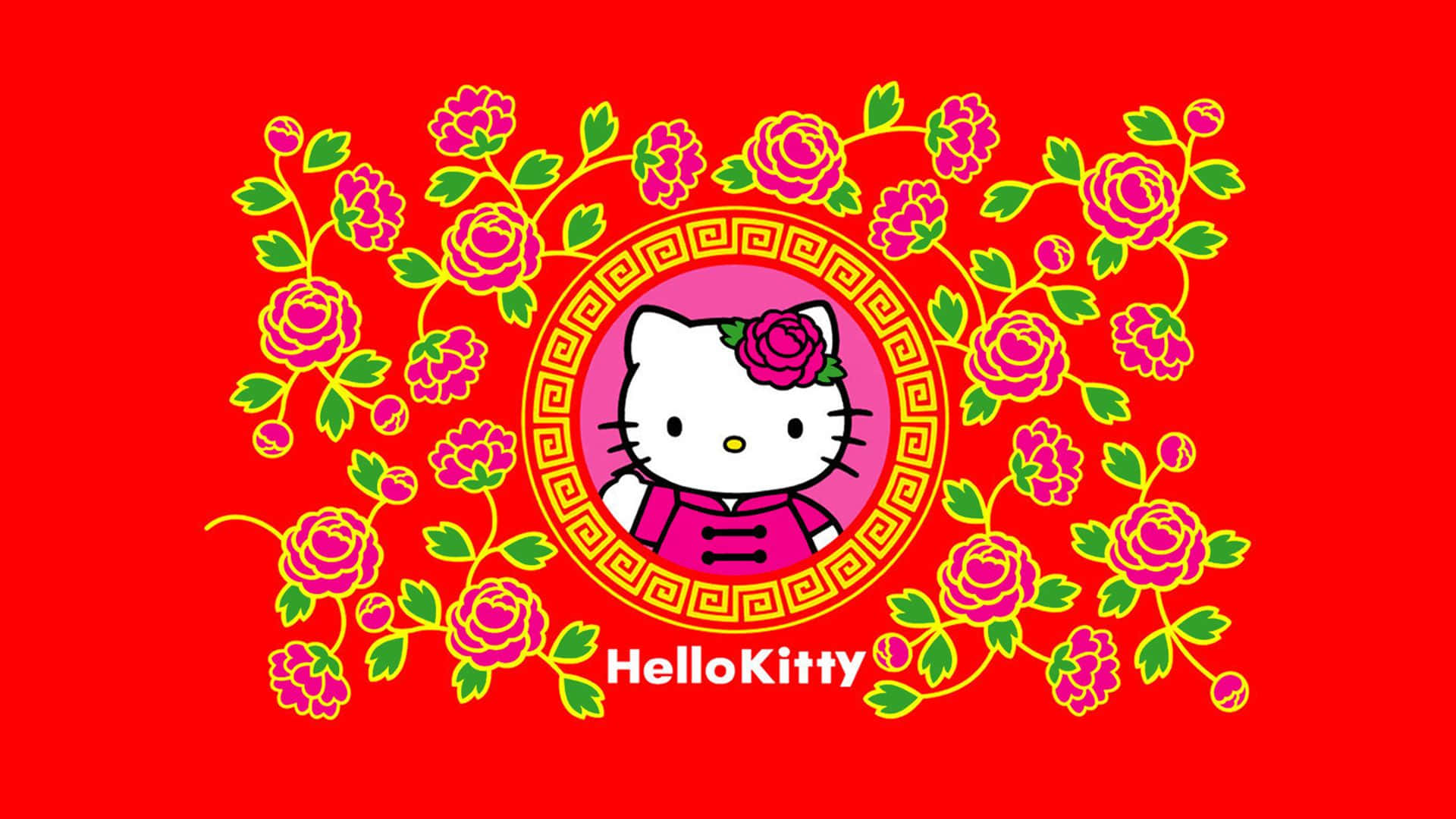 Hello Kitty Thanksgiving 桌布 壁紙 — Hello Kitty 穿著傳統粉紅色服裝，以花卉藤蔓環繞在鮮紅色背景上。