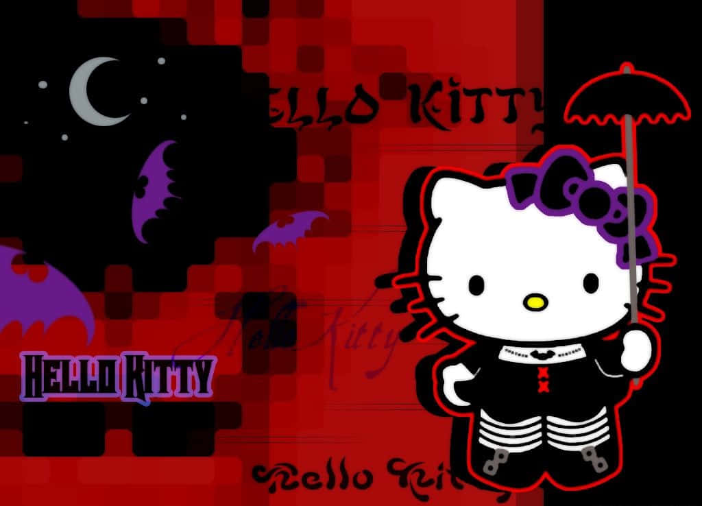 月光 桌布 壁紙 — Hello Kitty 穿著吸血鬼服裝，撐著雨傘，背景是像素化的紅色和黑色鬧鬼夜空，有蝙蝠和彎月。