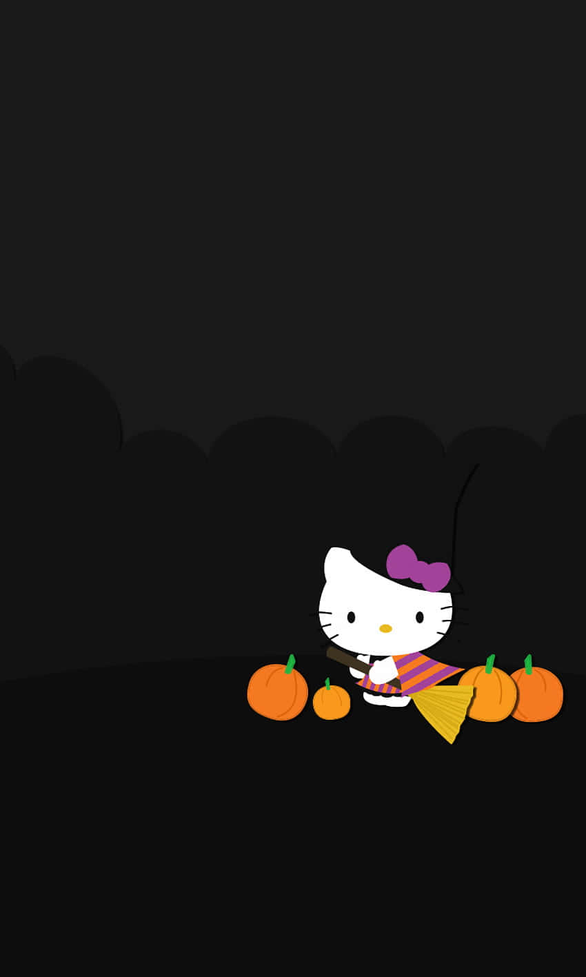 Hello Kitty Thanksgiving 桌布 壁紙 — Hello Kitty 穿著女巫服裝，手持掃帚，被南瓜包圍，背景陰暗恐怖。