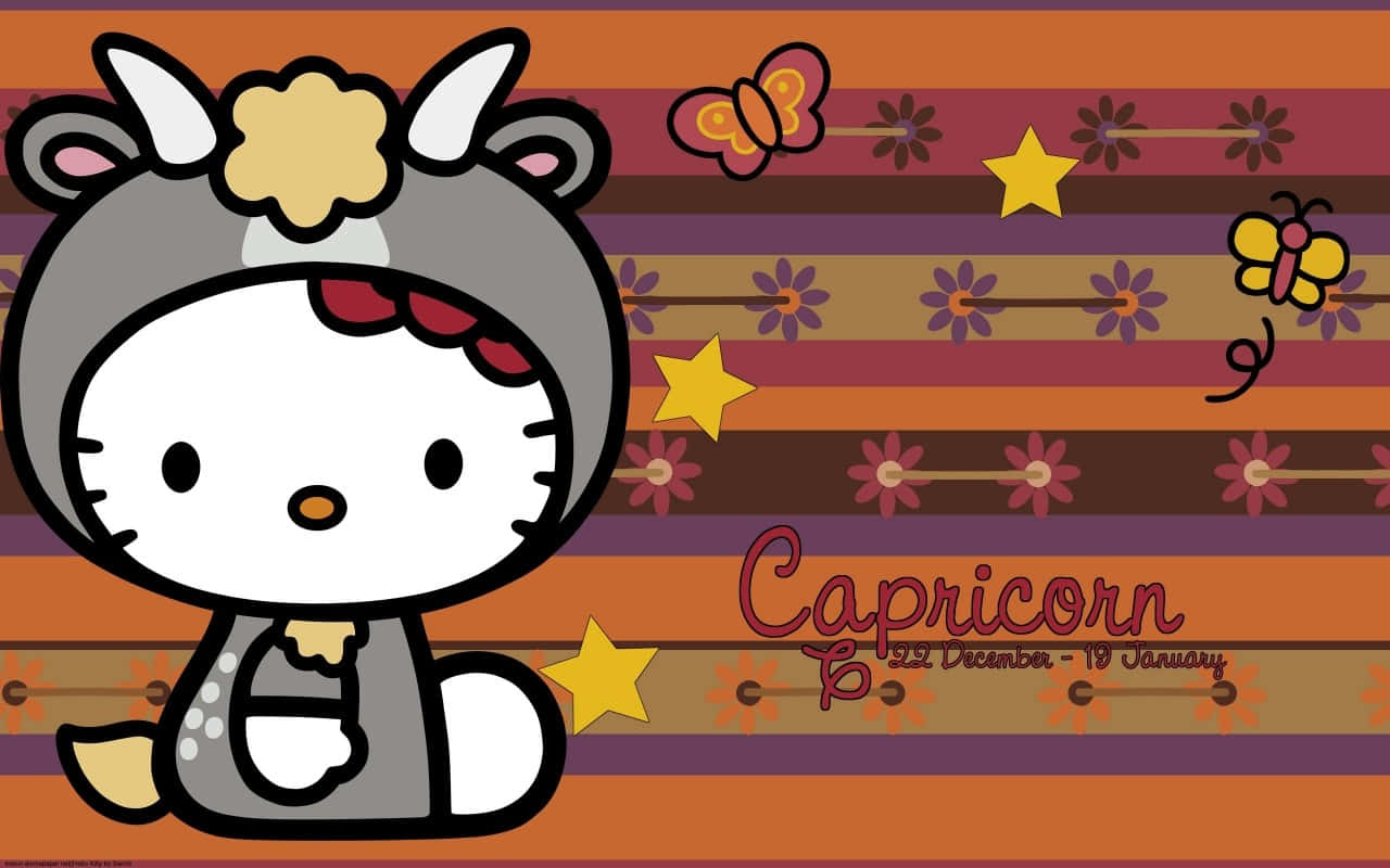 Hello Kitty Thanksgiving 桌布 壁紙 — Hello Kitty 穿著灰色山羊服裝，坐在有花朵、星星和蝴蝶的條紋背景前。