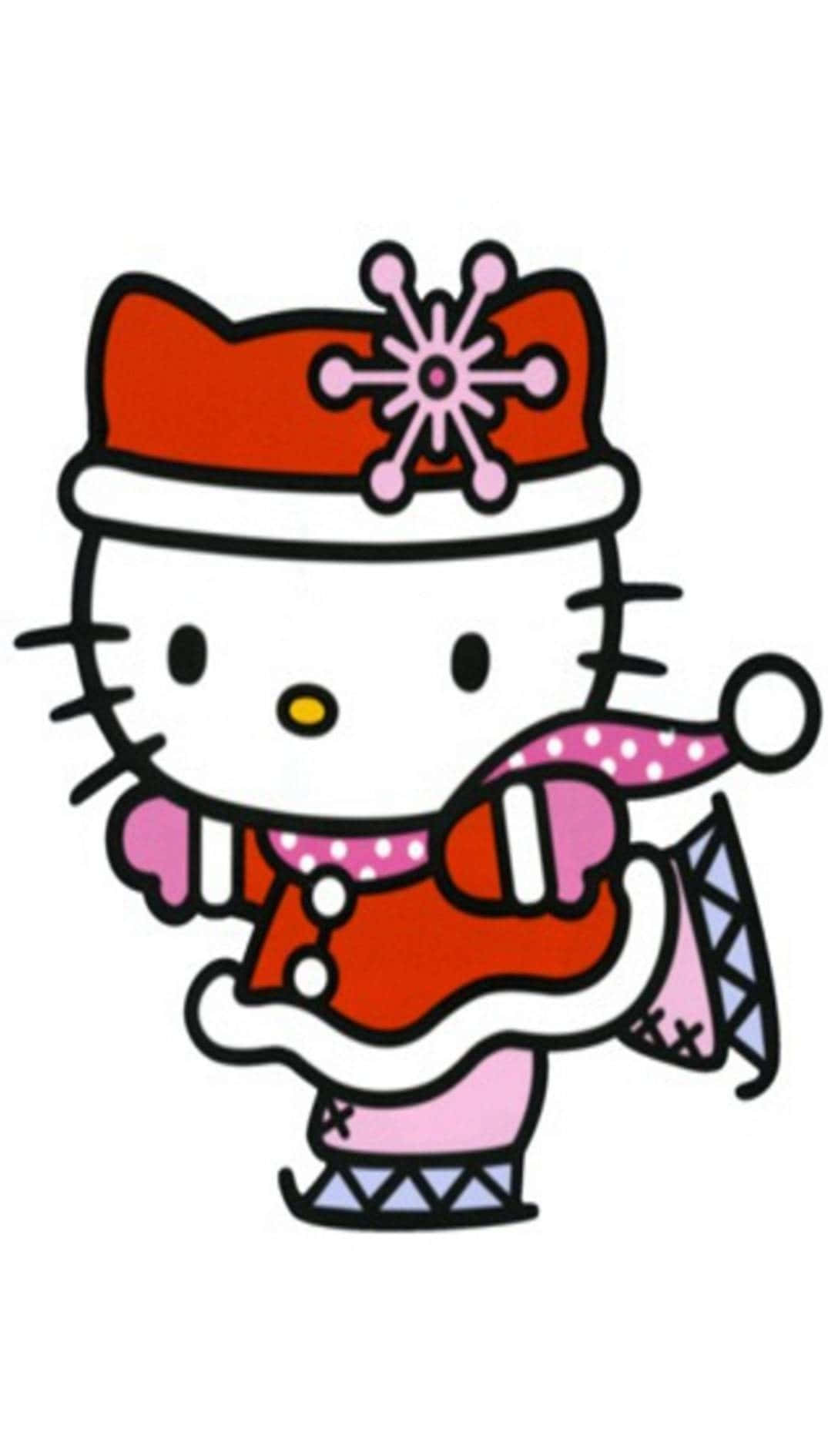 Hello Kitty Christmas 桌布 壁紙 — Hello Kitty 穿著節日冬季裝備，戴著紅色帽子和粉紅色圍巾，在純白色背景上快樂地溜冰。