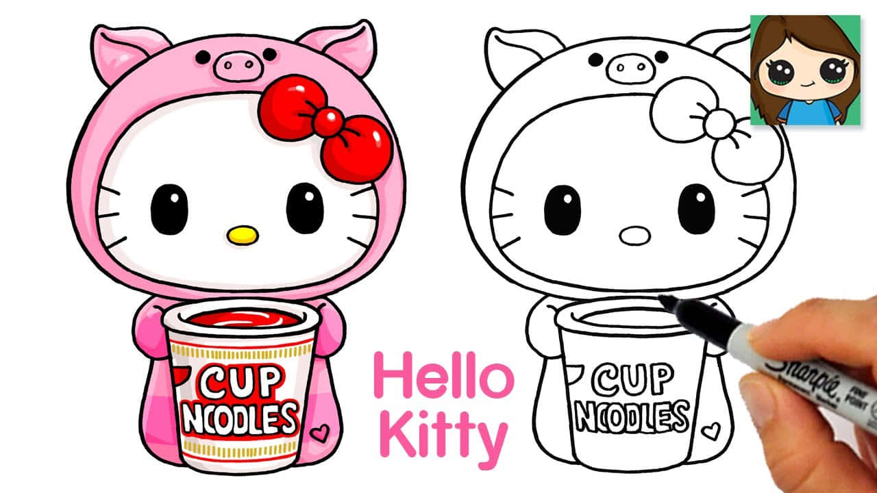 Hello Kitty 桌布 壁紙 — Hello Kitty 穿著粉紅色豬造型服裝，手持杯麵，旁邊是正在填色的黑白填色版本。
