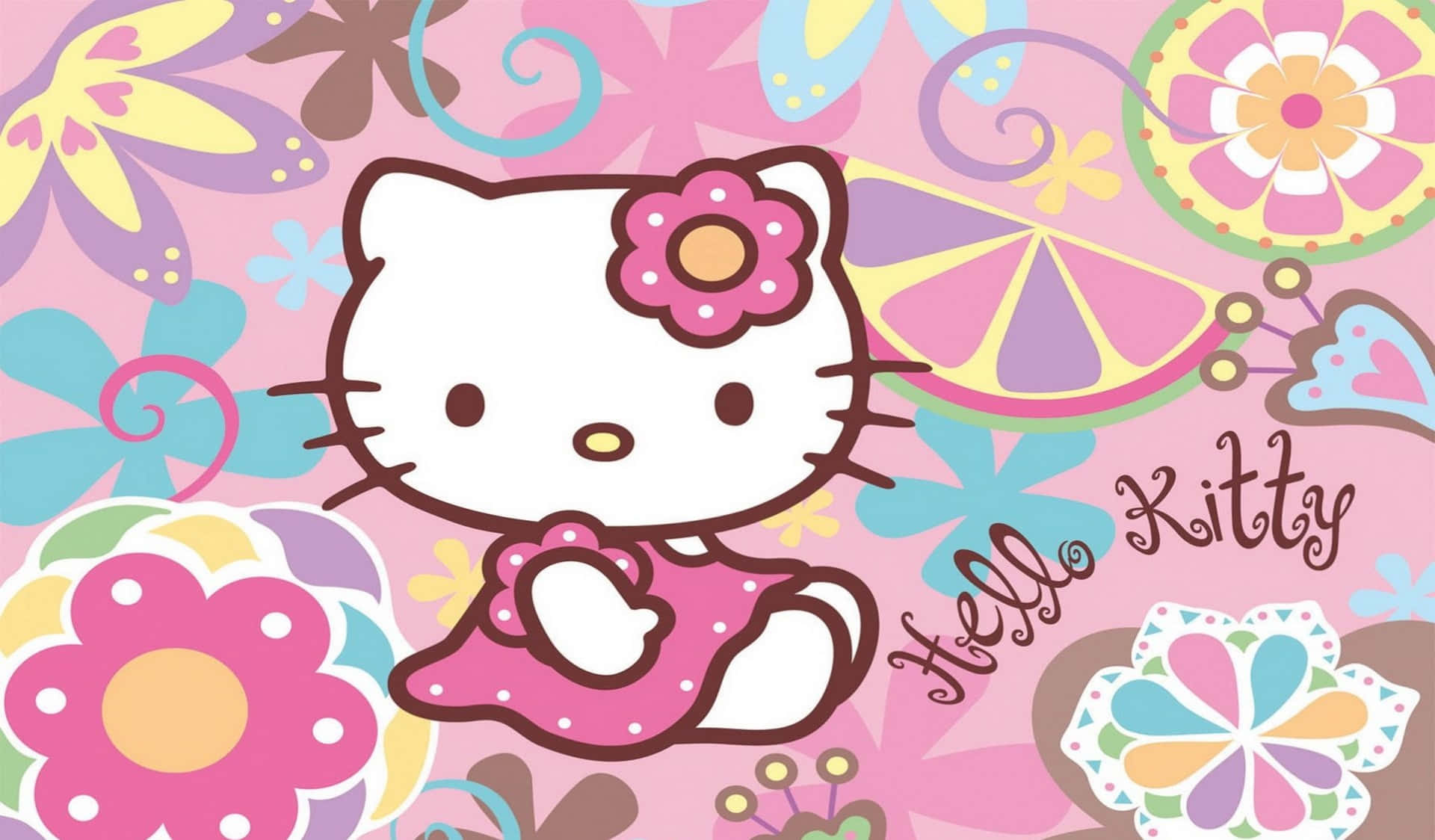 Hello Kitty Laptop 桌布 壁紙 — Hello Kitty 穿著粉紅色連衣裙坐在粉彩粉紅色背景上，周圍是色彩繽紛的卡通花朵和漩渦。