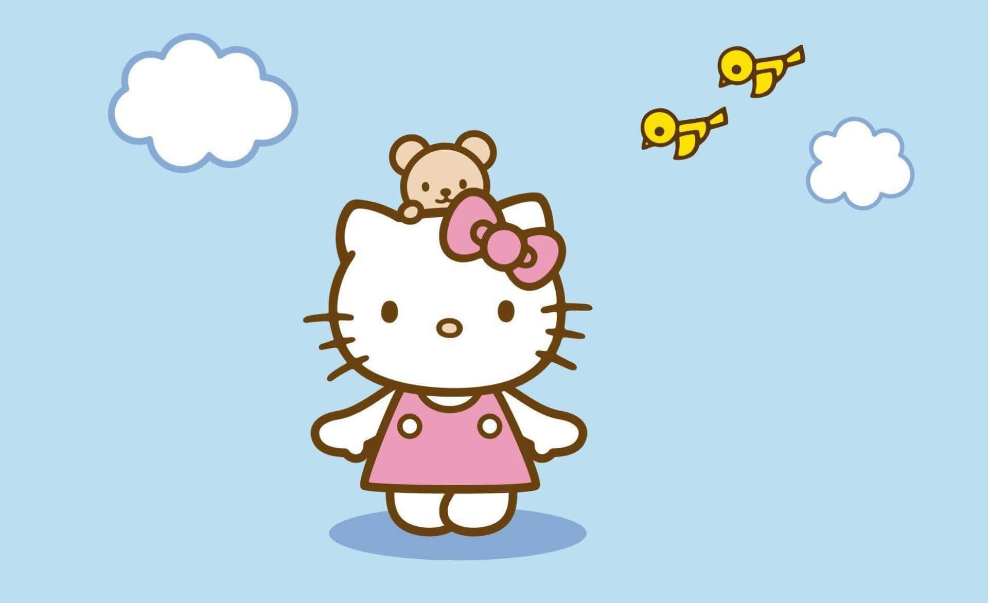 Hello Kitty Laptop 桌布 壁紙 — Hello Kitty 穿著粉紅色連衣裙，頭上戴著泰迪熊，兩隻黃色小鳥在淺藍色天空有雲朵中飛翔。