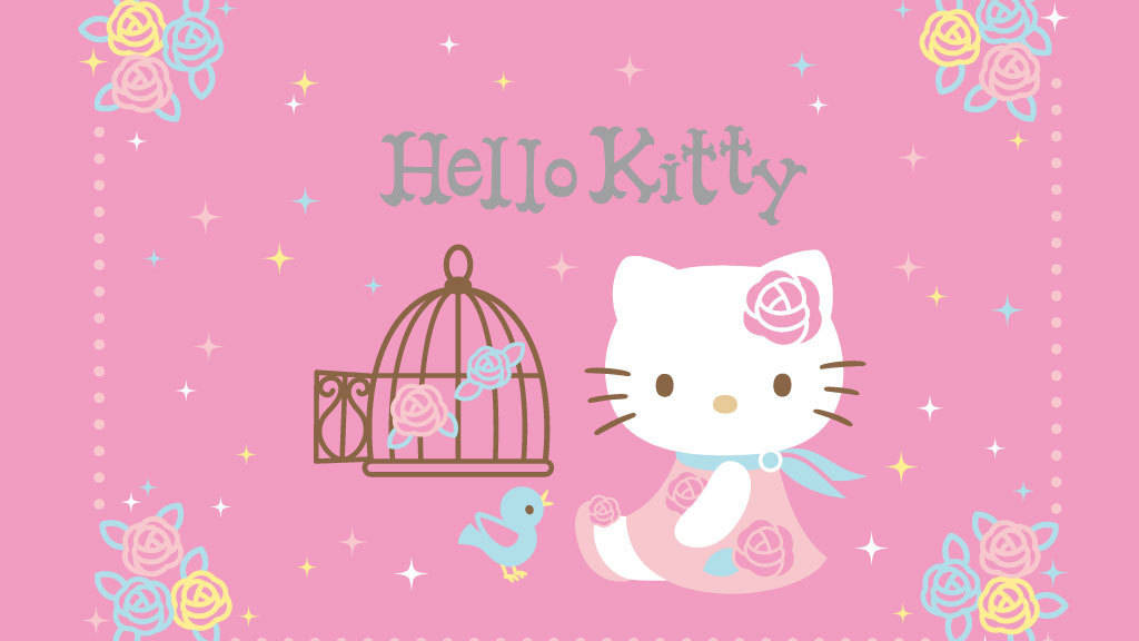 Hello 桌布 壁紙 — Hello Kitty 穿著粉紅色玫瑰裙，坐在一個鳥籠旁邊，籠內有一隻藍色小鳥和閃爍的星星，背景是粉彩粉紅色。