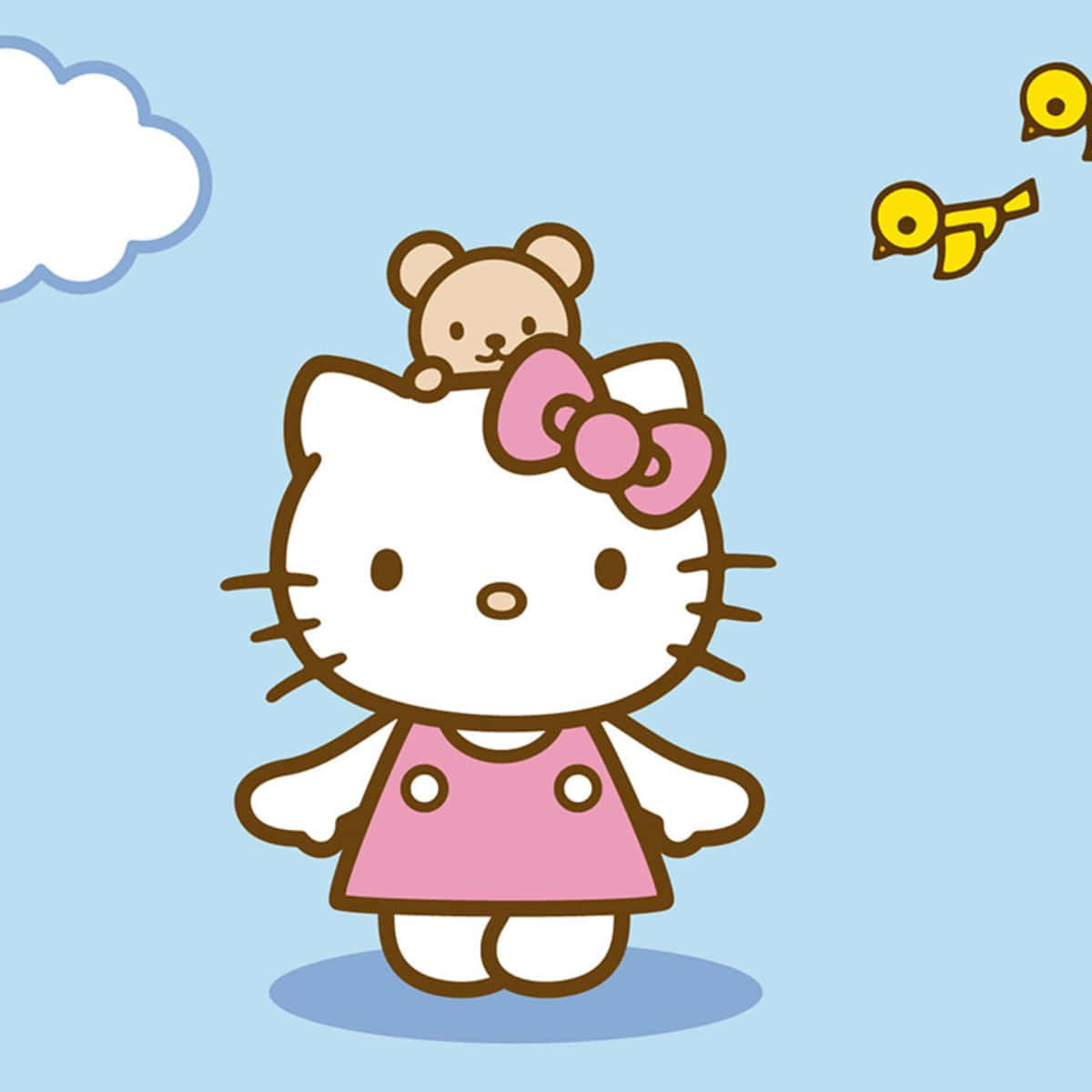 Hello Kitty 桌布 壁紙 — Hello Kitty 穿著粉紅色連衣裙，頭上有泰迪熊，黃色小鳥在淺藍色天空有雲中飛翔。