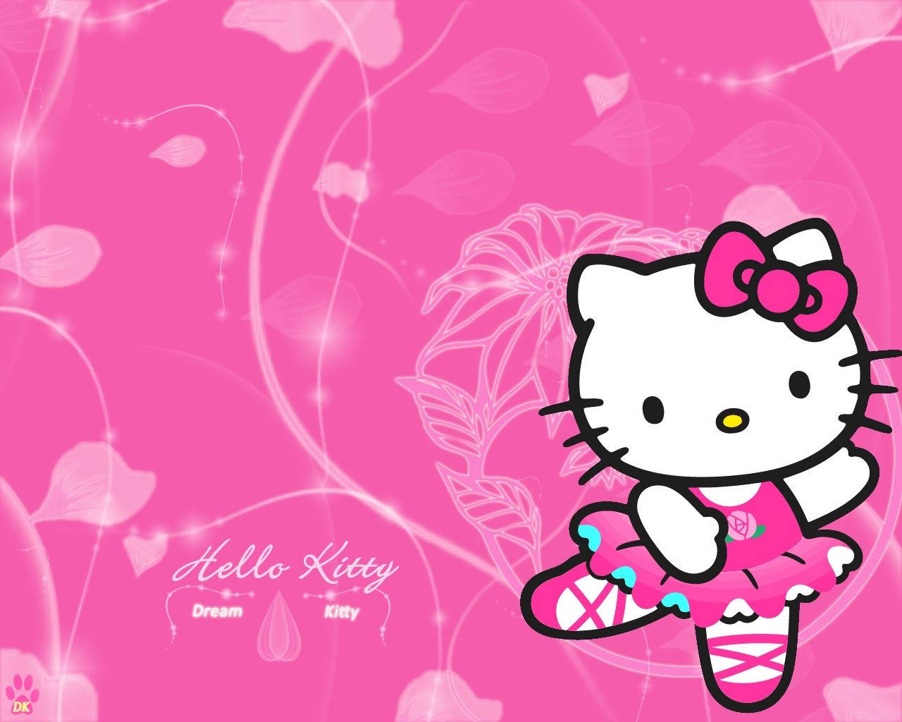 Hello Kitty 桌布 壁紙 — Hello Kitty 穿著粉紅色芭蕾舞服裝，在閃爍的粉紅色花卉背景和旋轉的藤蔓中跳舞。