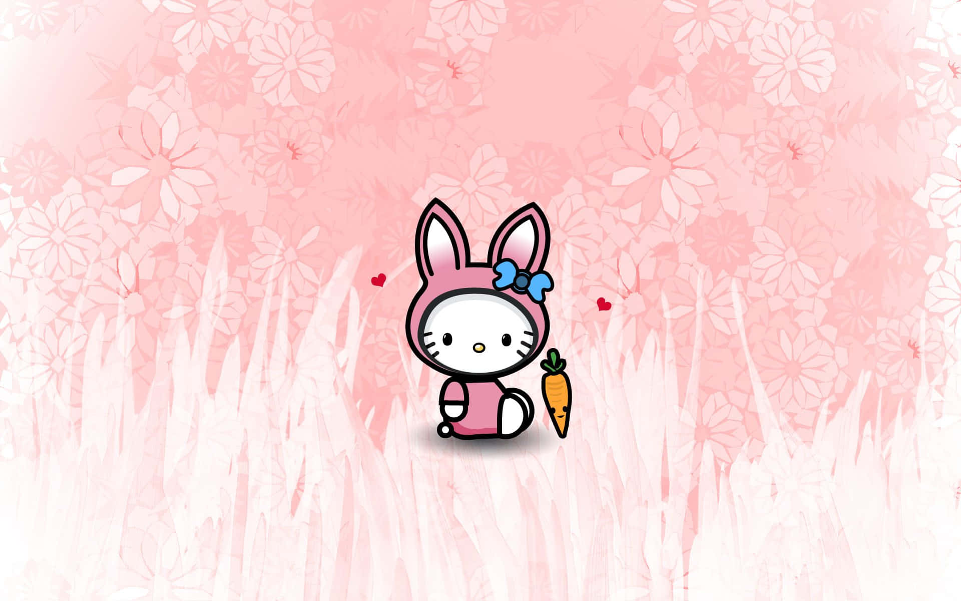 Kitty White 桌布 壁紙 — Hello Kitty 穿著粉紅色兔子服裝，在柔軟的粉紅色花草中拿著胡蘿蔔，周圍有漂浮的心形。