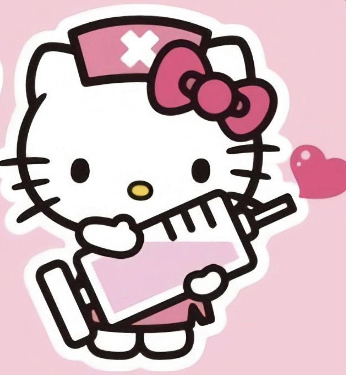 Hello 桌布 壁紙 — Hello Kitty 穿著粉紅色護士服，在柔和的粉紅色背景上拿著注射器，旁邊有一個漂浮的心形。
