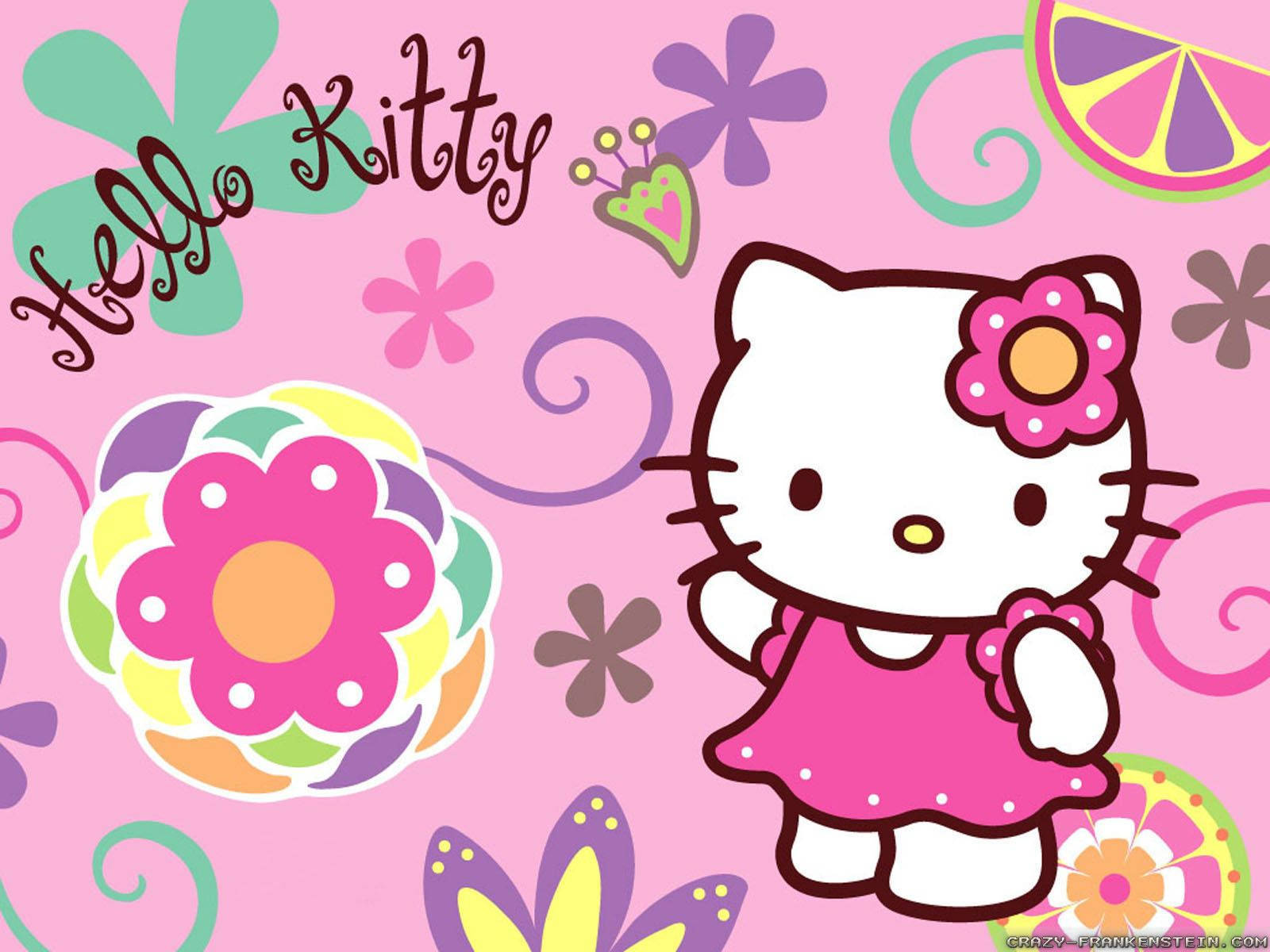 Hello Kitty 桌布 壁紙 — Hello Kitty 穿著粉紅色連衣裙，戴著花朵頭帶，站在一個充滿色彩繽紛花朵和漩渦的俏皮粉紅色背景前。