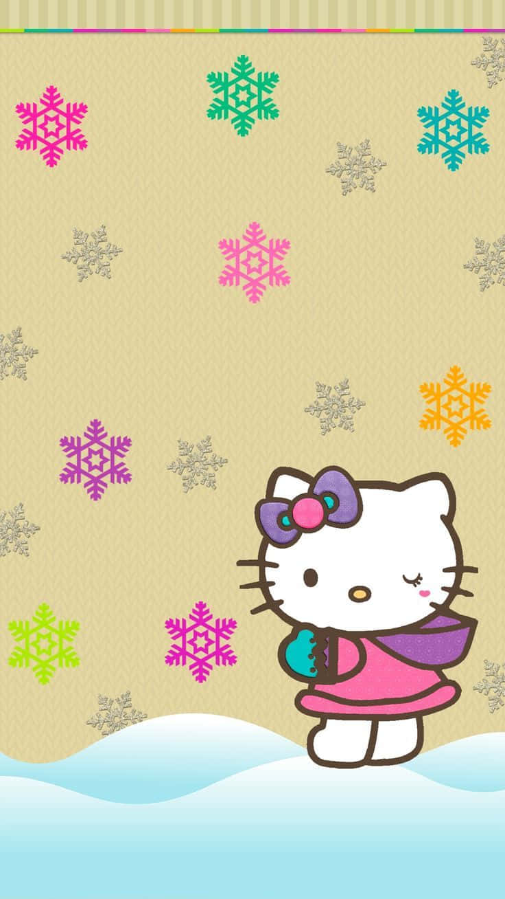 Hello Kitty Christmas 桌布 壁紙 — Hello Kitty 穿著粉紅色冬季連衣裙，手持杯子，周圍是彩色雪花，背景為米色紋理。