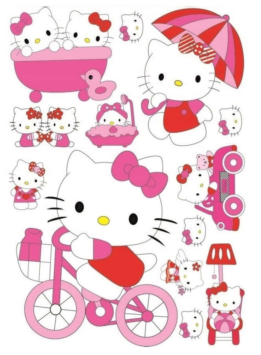 Mimmy White 桌布 壁紙 — Hello Kitty 穿著粉紅色服裝和配件，包括腳踏車、浴缸、雨傘和汽車，在有趣的貼紙紙上。