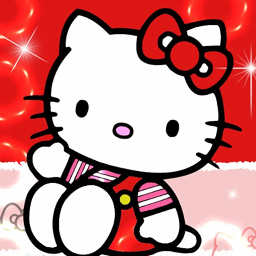 Hello 桌布 壁紙 — Hello Kitty 穿著紅粉條紋服裝，戴著大蝴蝶結，在閃爍的紅色背景前。
