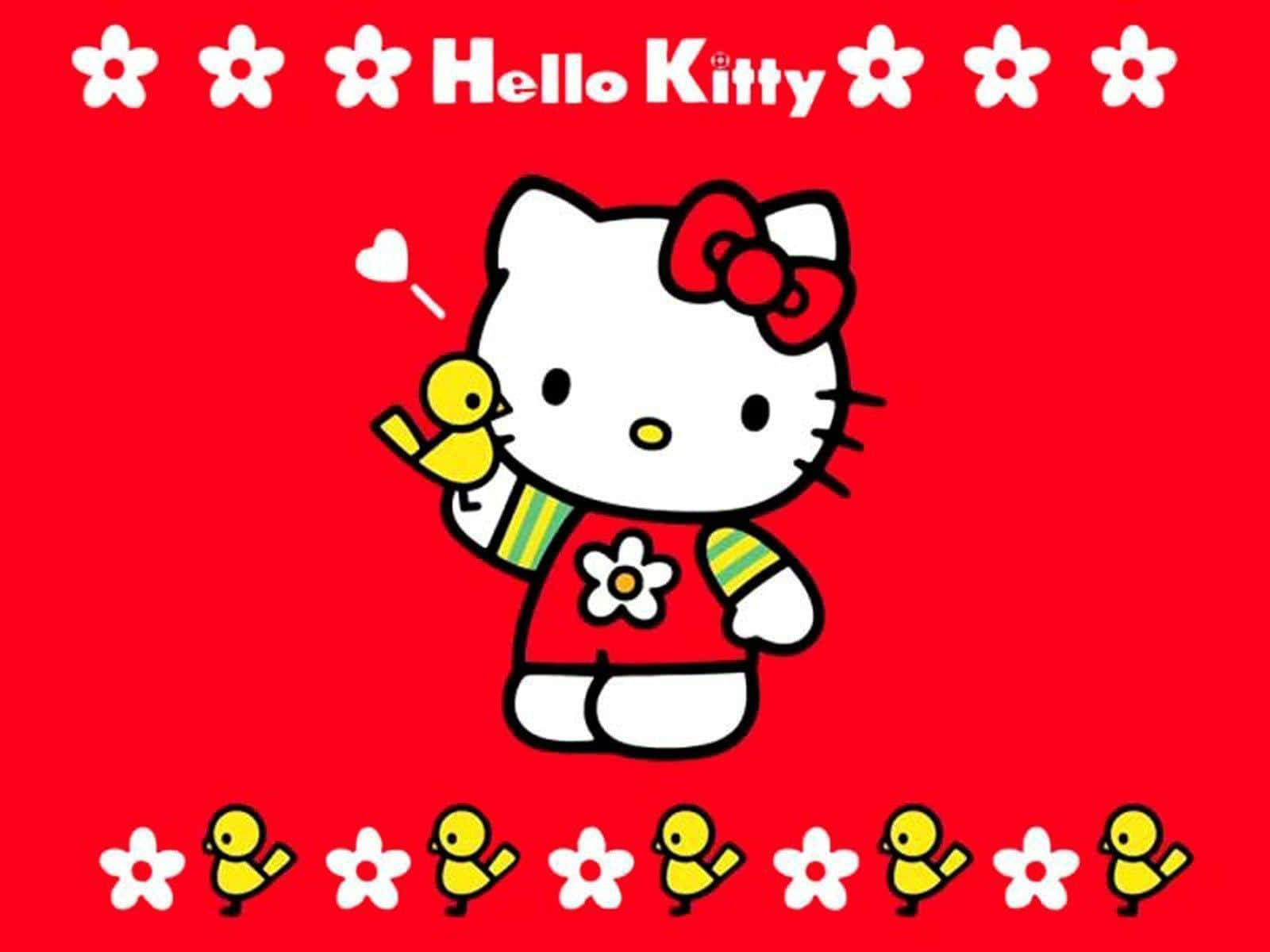 Hello Kitty 桌布 壁紙 — Hello Kitty 穿著紅色連衣裙，在明亮的紅色背景前抱著一隻黃色小雞，背景有白色花朵和小雞。