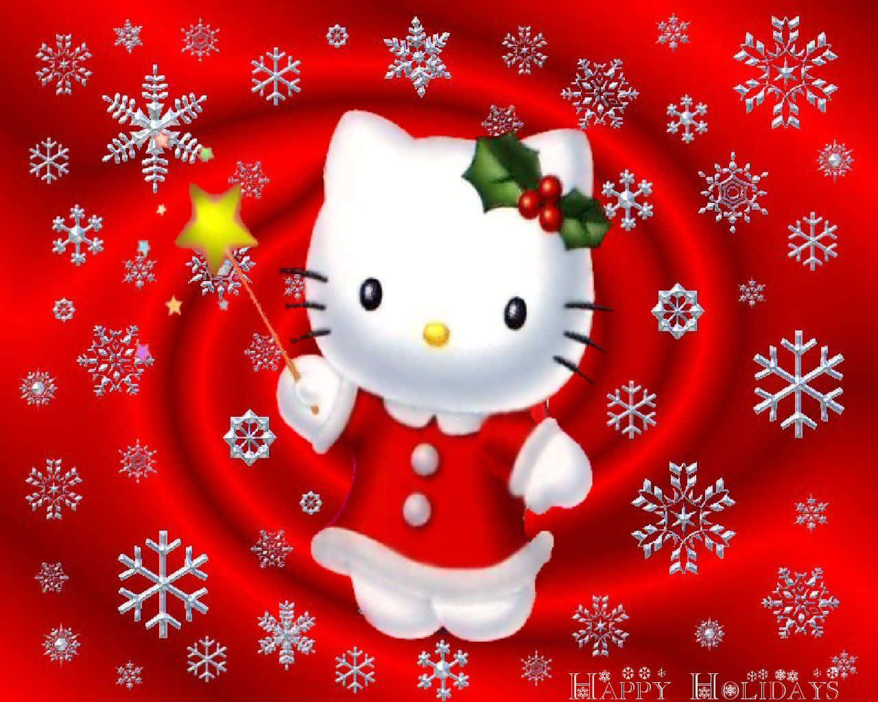 Hello Kitty Christmas 桌布 壁紙 — Hello Kitty 穿著紅色節日服裝，在帶有銀色雪花的旋轉紅色背景前手持星星魔杖。