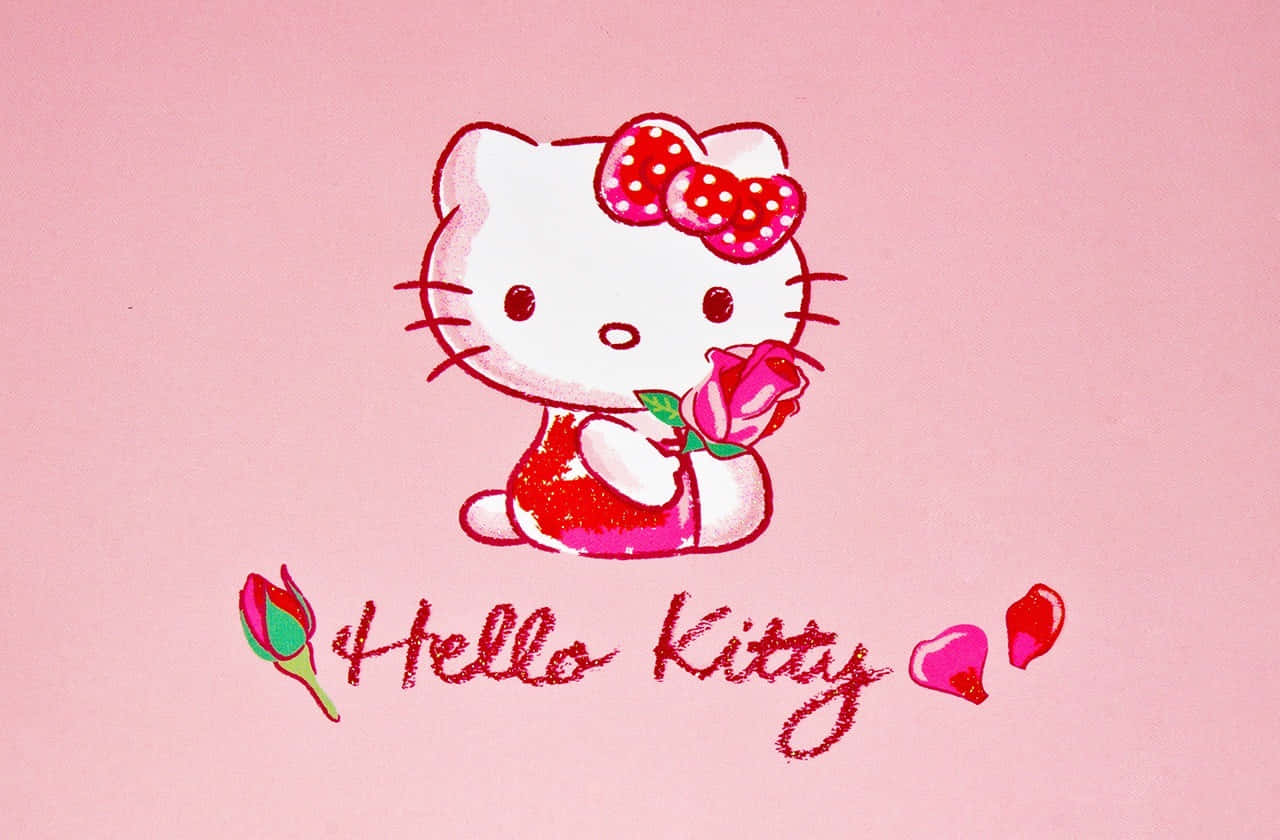 Hello Kitty 桌布 壁紙 — Hello Kitty 穿著紅色連衣裙，手持粉紅玫瑰，背景是柔和的粉紅色，帶有閃爍的文字和心形。