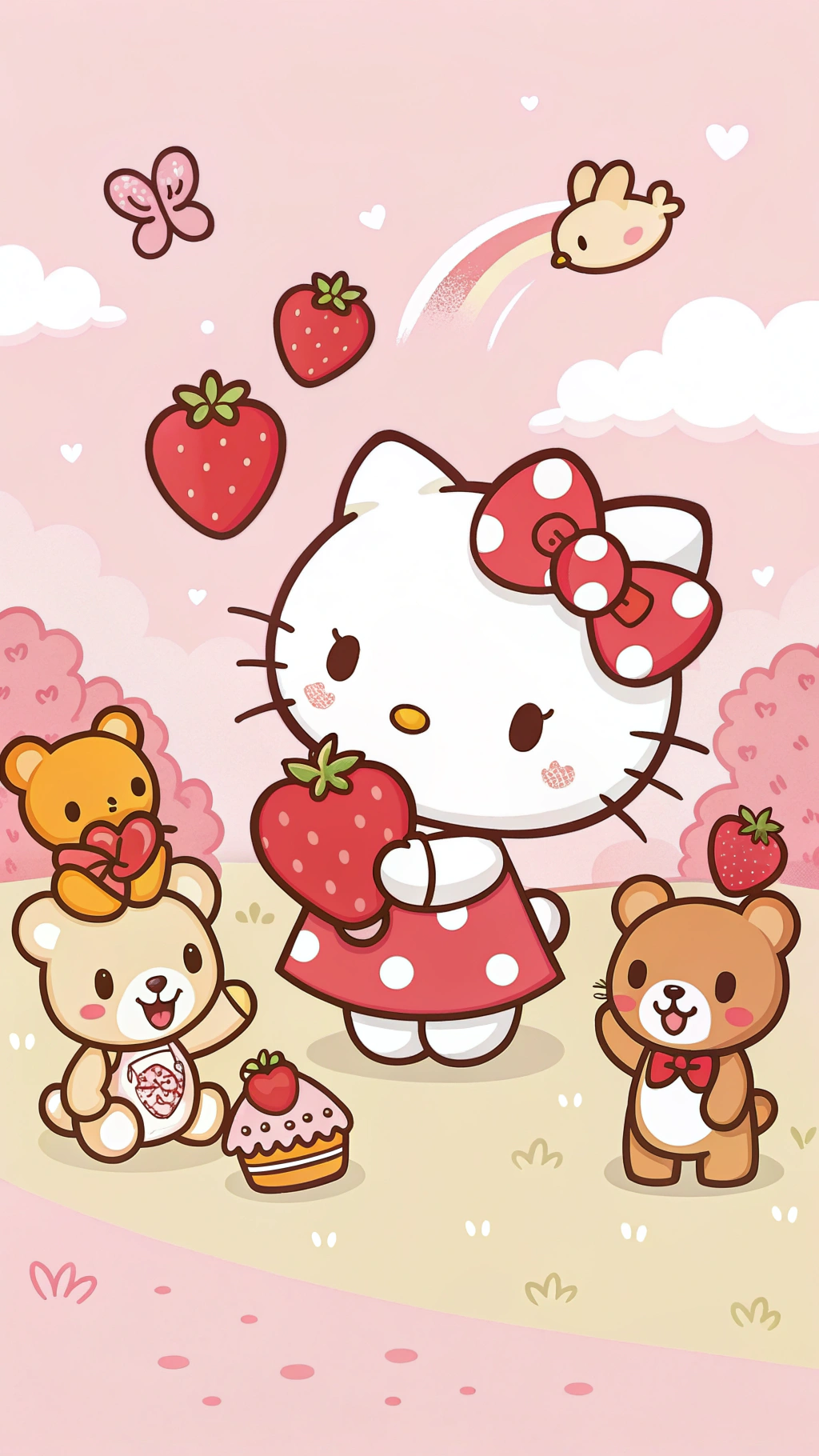 Strawberries 桌布 壁紙 — Hello Kitty 穿著紅色圓點連衣裙，在粉紅色天空下，被泰迪熊、蝴蝶和漂浮的草莓包圍，手持草莓。
